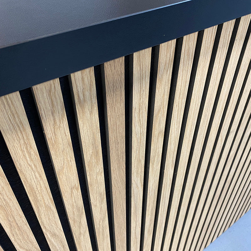 KENTO 240cm Modern Reception Desk with Timber Slat Acoustic Design in Black & Oak Finish - Perfect for Office Lobby, Hotel Front Desk, and Corporate Waiting Areas