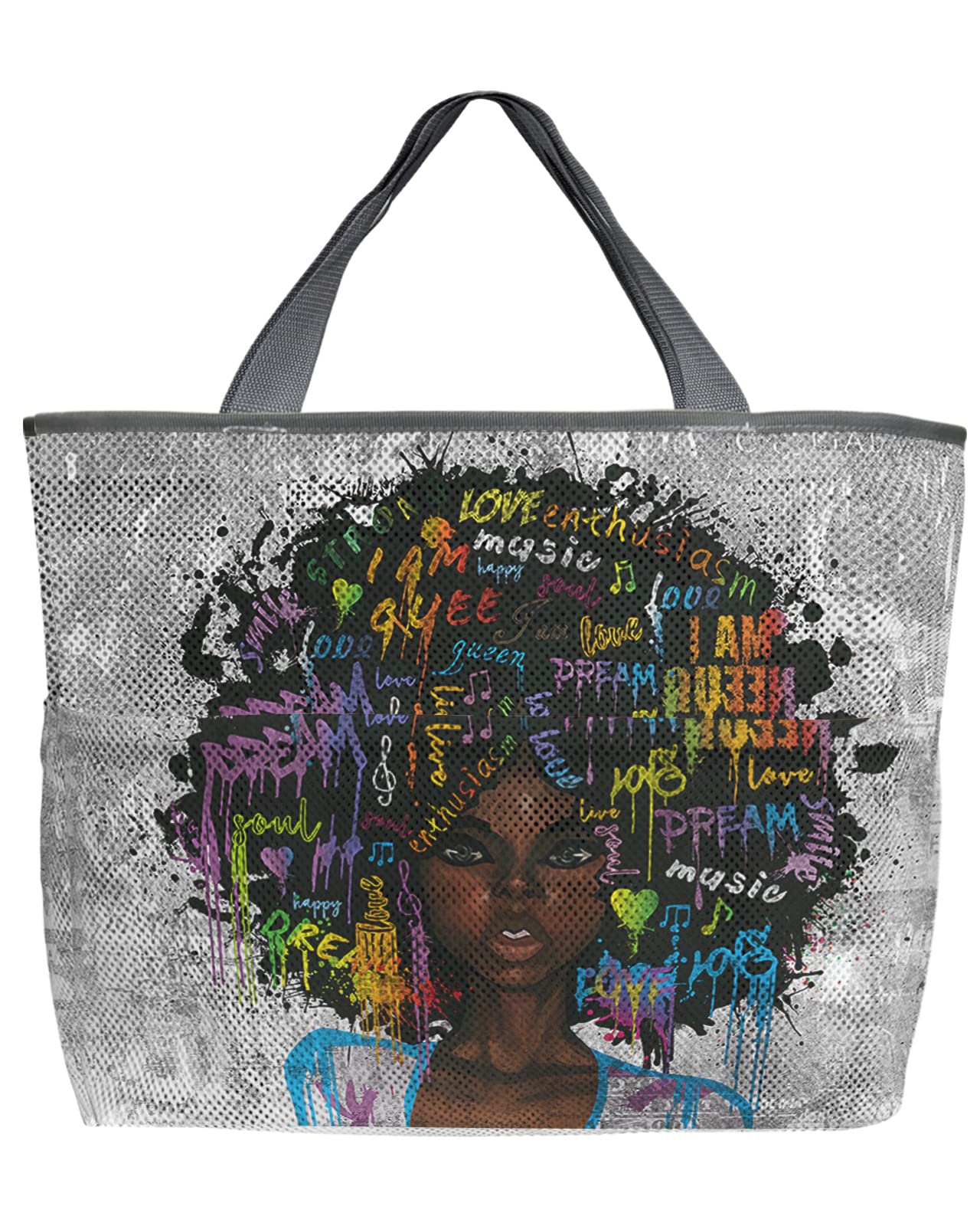 Large 60L Mesh Beach Tote Bag for Women - Black Girl Oversized Swim Bag with Pockets | Foldable Lightweight African Print Tote for Pool, Grocery Shopping & Travel | 24x18x8 Inches Waterproof Storage Bag