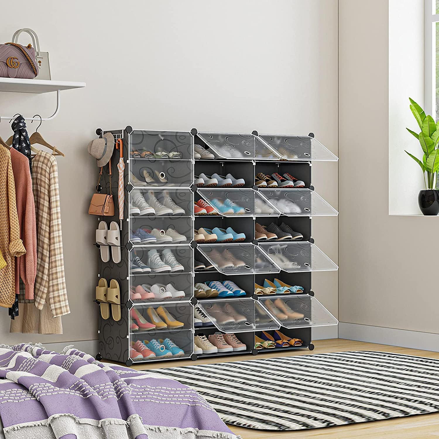 Aeitc 48-Pairs Expandable Stackable Shoe Rack Organizer with Door - Space Saving Shoe Storage Cabinet for Entryway, Hallway & Closet - Perfect for Small Spaces & Apartment Organization (Black)