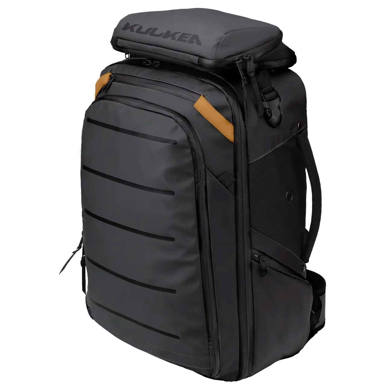 40L Travel Backpack - Waterproof Carry On Backpack with Detachable Organizer & Magnetic Bottle Pocket - Laptop & Passport Compartment - Convertible Ski Boot Bag for Air Travel, Hiking, Snowboarding (Black/Gold)