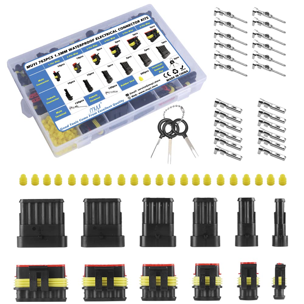 MUYI 763PCS Waterproof Electrical Wire Connectors Kit - 1/2/3/4/5/6 Pin Male & Female Automotive Connectors with Key Pin Extractor for Car, Marine, RV & Outdoor Wiring Projects
