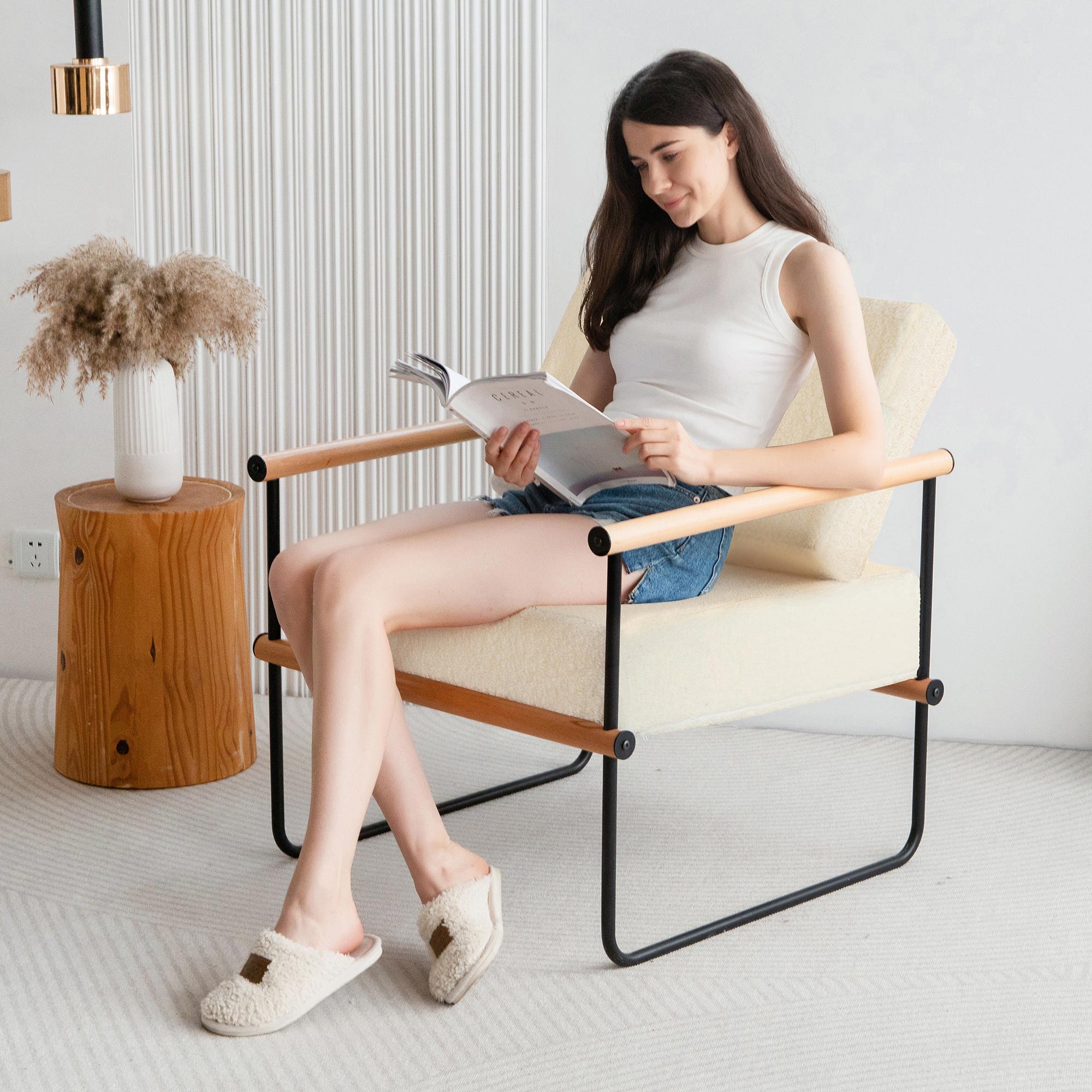 MAXYOYO White Framed Upholstered Armchair - Modern Metal & Wood Accent Chair with Thick Cushioning | Perfect for Living Room, Bedroom, or Office Decor