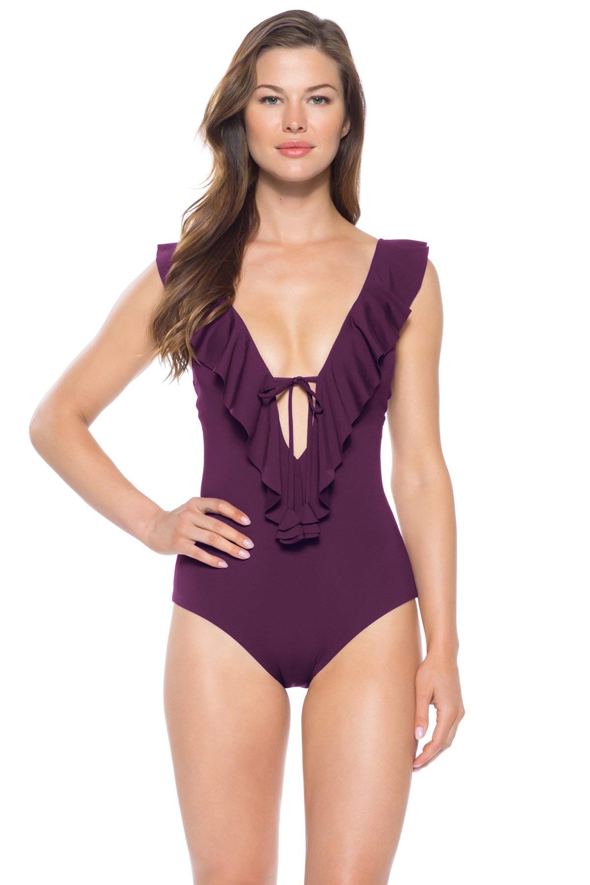 Becca by Rebecca Virtue Socialite Ruffle One-Piece Swimsuit - Merlot Red - Size SM | Sexy Ruffled Monokini for Pool Parties & Beach Vacations