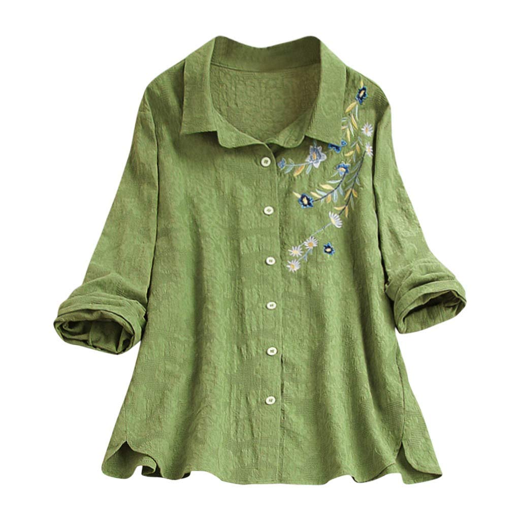 Women's Purple Linen Blouse - Casual Embroidery Button Long Sleeve Shirt Plus Size Tops for Work, Office & Everyday Wear