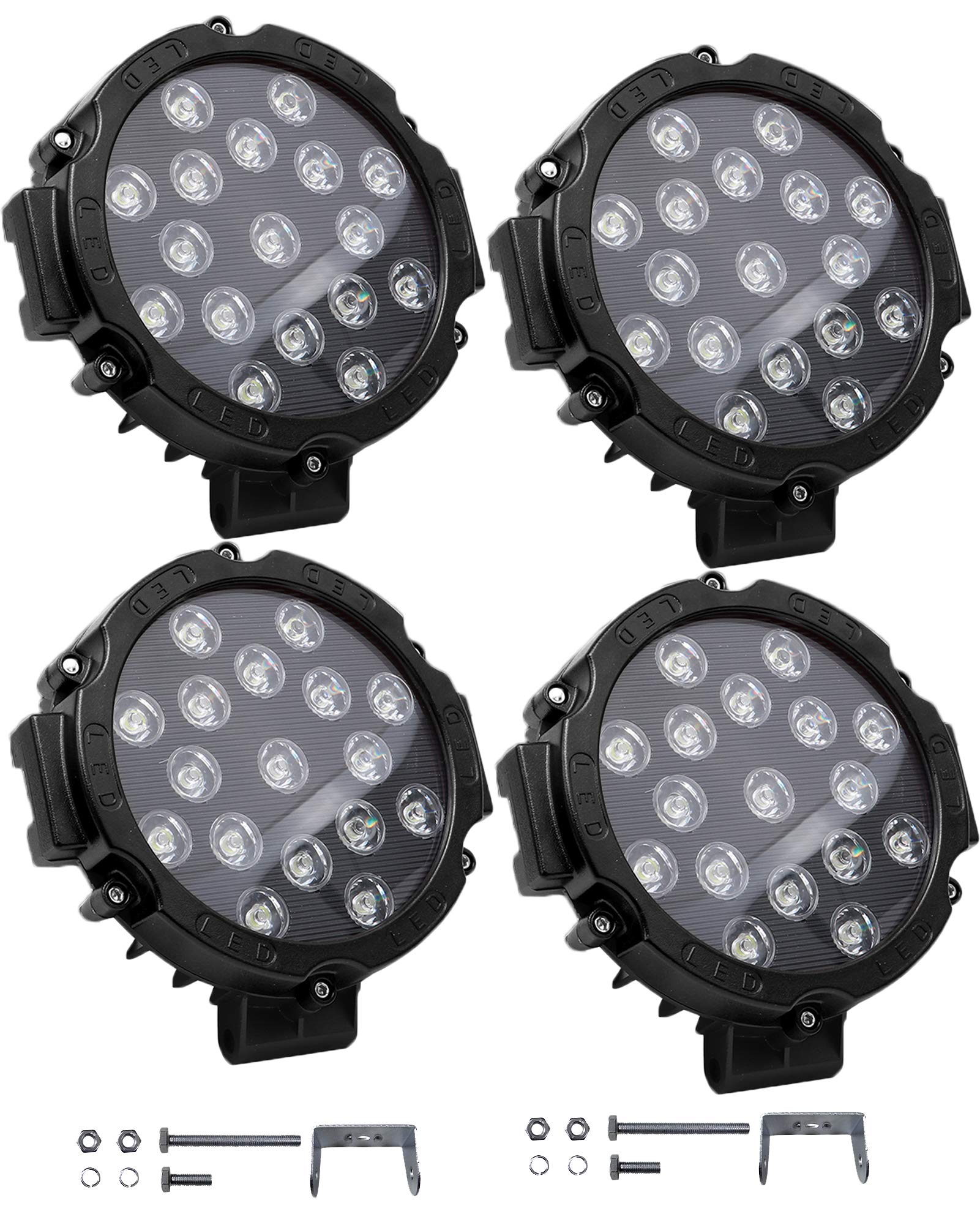 ANYTOP 7 Inch Round LED Offroad Lights - 51W Waterproof LED Light Pods for Bumper, Roof & Mounting Bracket Bars - Durable LED Work Lights for Off-Road Vehicles, Trucks, SUVs, Boats & ATVs - 4 Pack Black - Perfect for Night Driving, Camping & Emergency Lighting