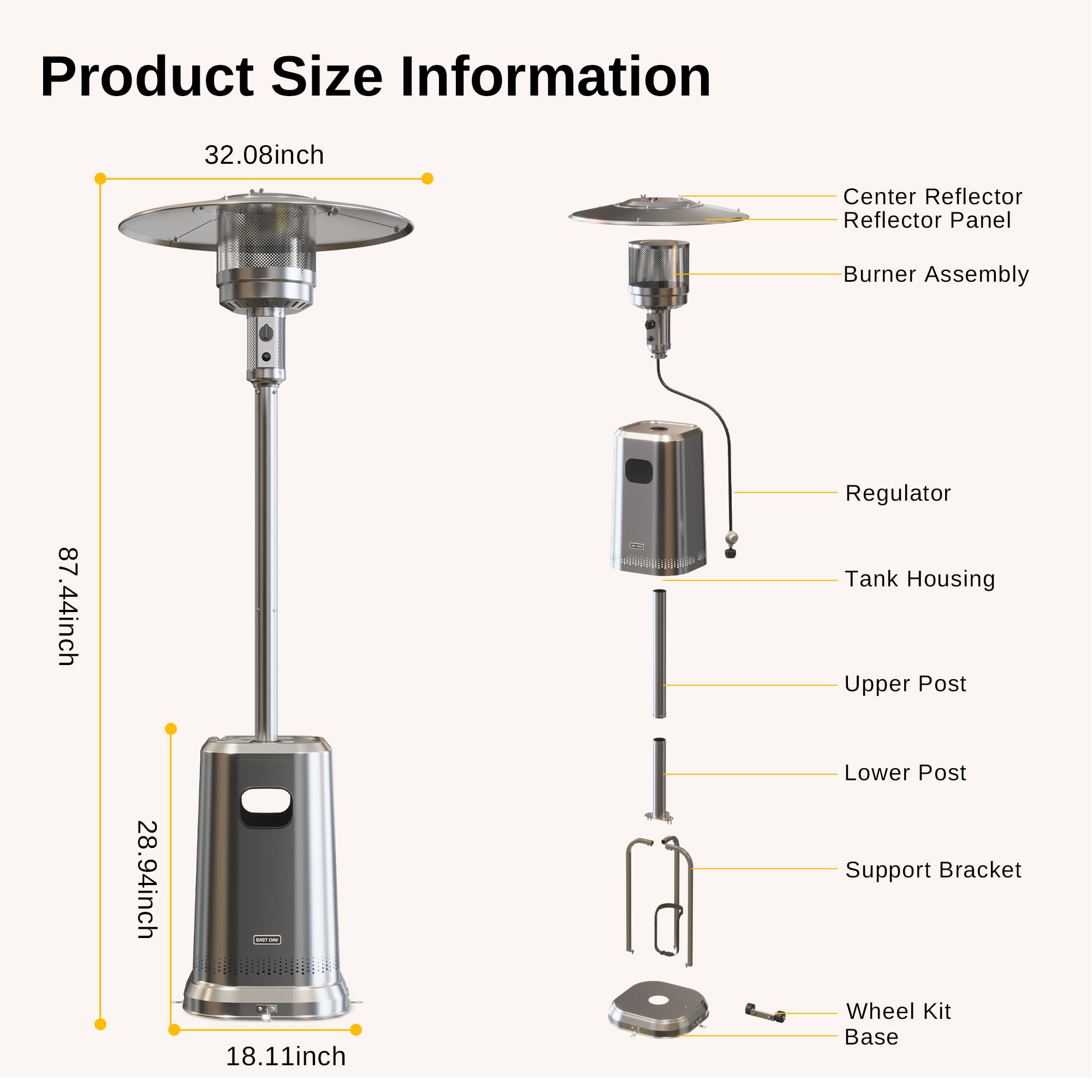 EAST OAK 50,000 BTU Stainless Steel Propane Patio Heater with Double-Layer Burner - Rustproof Outdoor Heater with Wheels & Table Design for Home, Restaurant, Backyard, Deck, and Commercial Use