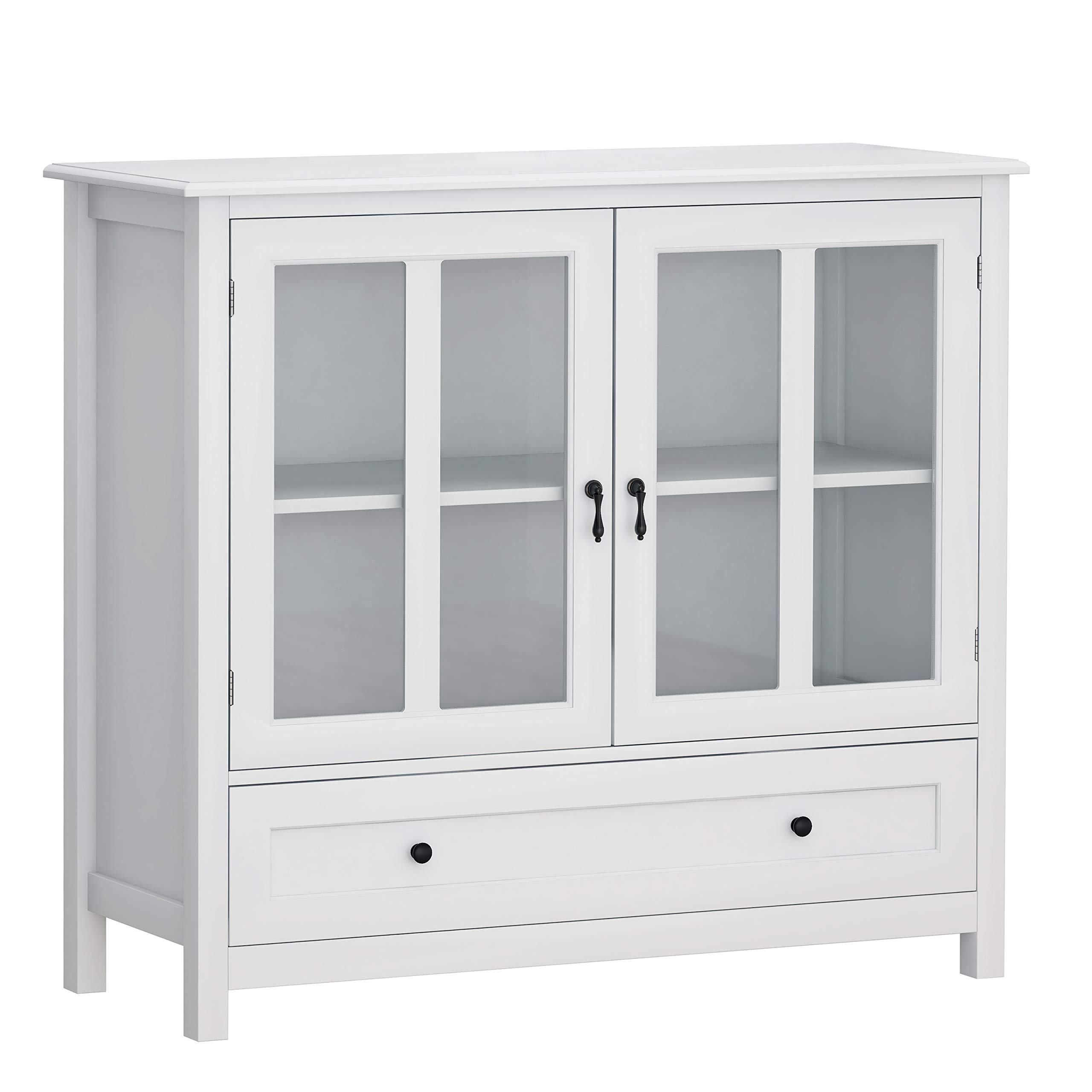 LERFAN Buffet Sideboard with 1 Drawer & Double Glass Doors - Display Storage Cabinet with Unique Bell Handle for Living Room, Dining Room & Kitchen - Perfect for Showcasing China, Storing Linens or as a Stylish Bar Cabinet
