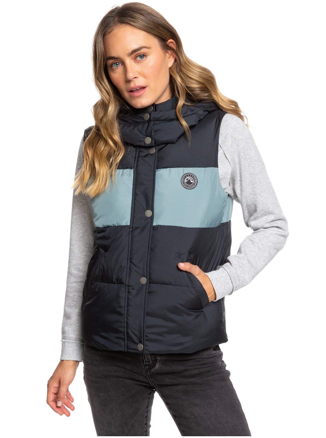 Roxy Women's Out of Focus Hooded Puffer Vest - Lightweight Insulated Body Warmer Jacket - Size L - Black True Black - Perfect for Hiking, Camping & Outdoor Activities