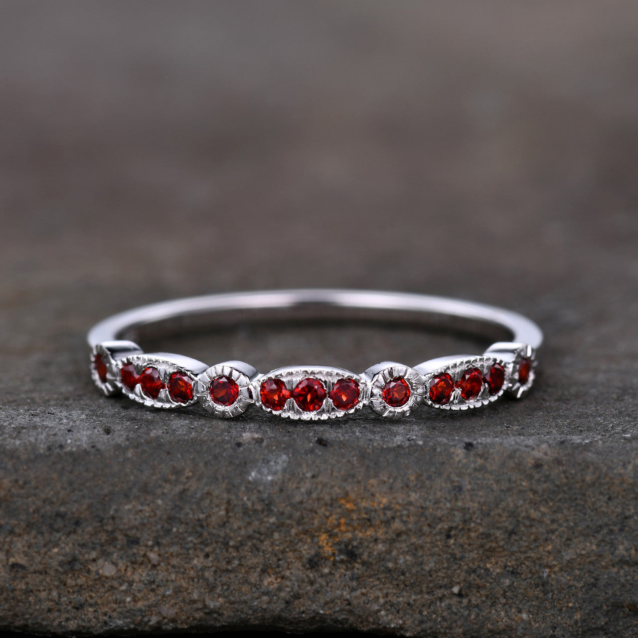 White Gold Garnet Wedding Band - Half Eternity Stackable Ring for Women | Perfect for Bridal Sets, Anniversary Gifts & Everyday Elegant Jewelry