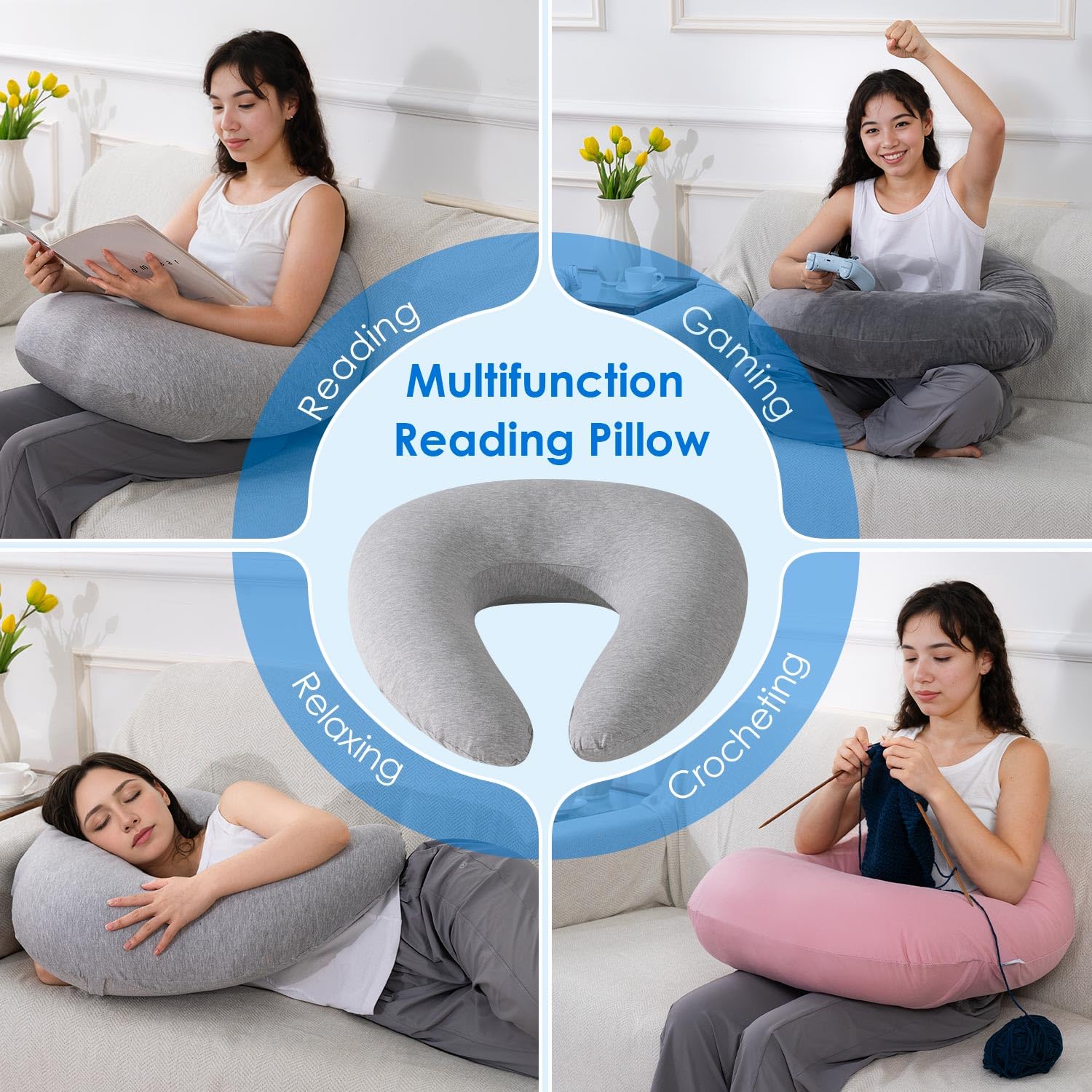 QUEEN ROSE Ergonomic Reading Pillow for Gaming, Bed & Sofa - Lap Desk Pillow with Arm Support for Reading, Playing, Crocheting - Cooling Grey - Perfect for Relaxing in Bed, Gaming Sessions & Crafting Activities