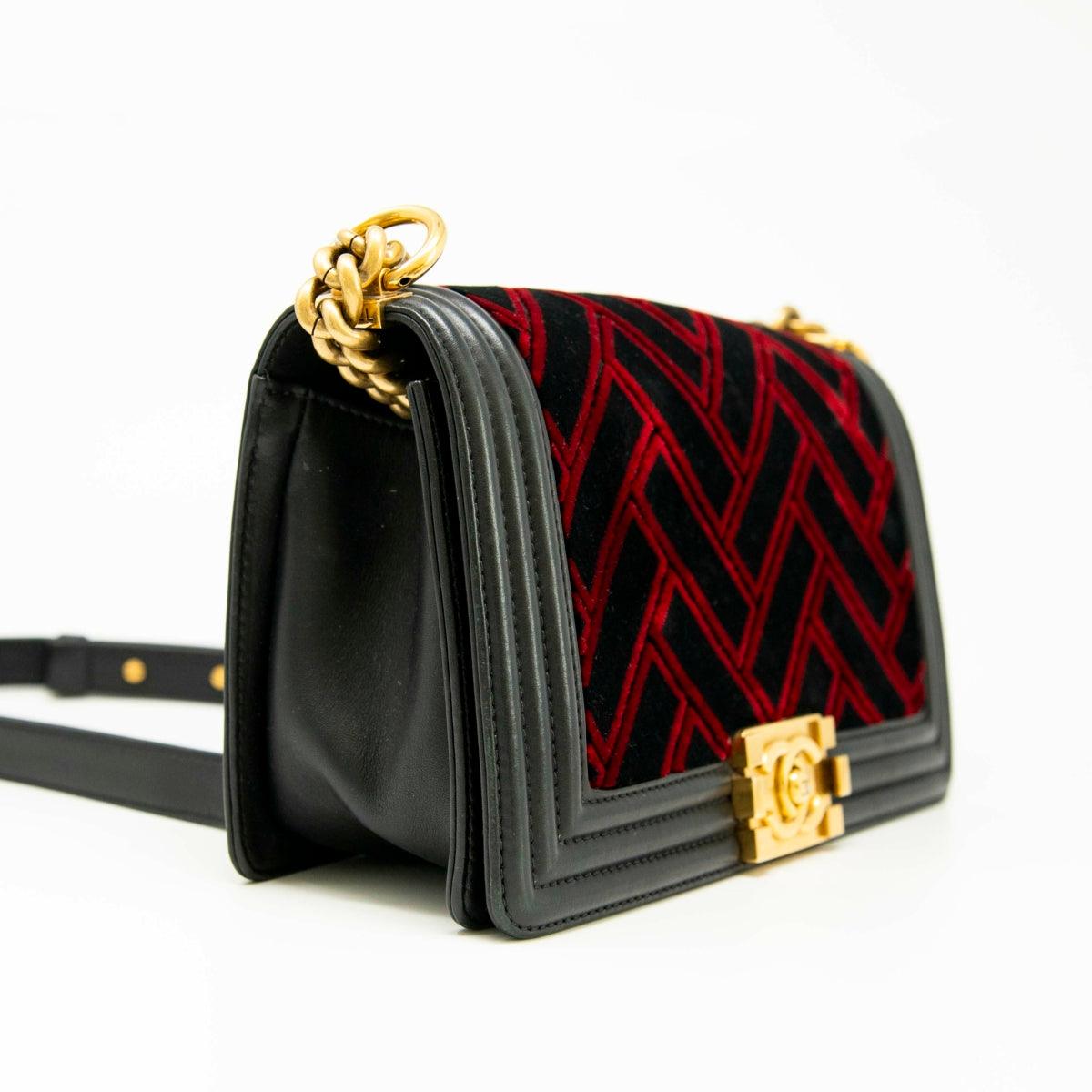 Chanel Medium Boy Bag in Red & Black Velvet - Luxury Designer Handbag for Women, Perfect for Parties, Dates & Special Occasions
