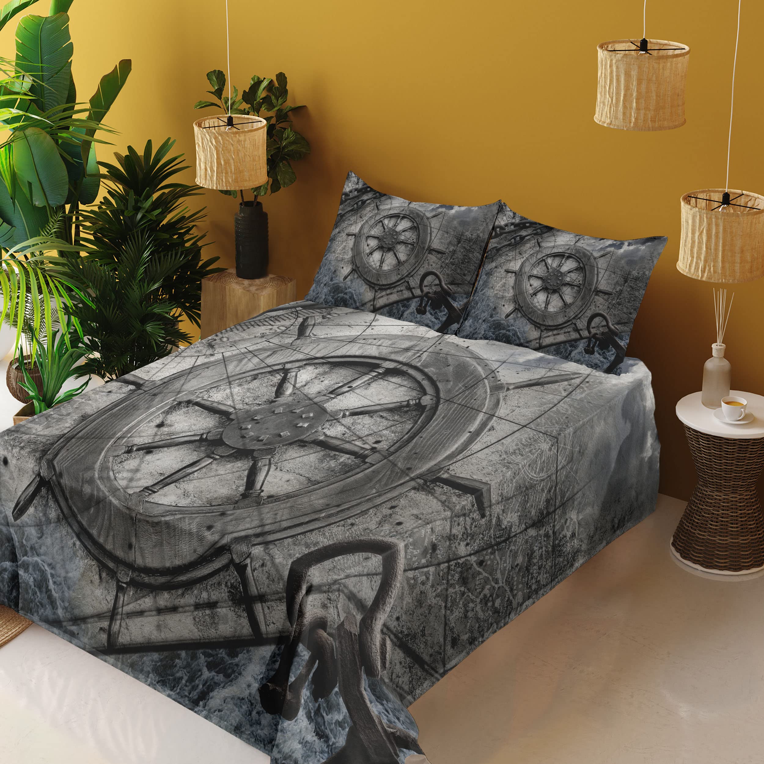 Ambesonne Nautical Themed 3-Piece Bed Sheet Set - Retro Ships Wheel, Anchor & Navigation Charts Design, Twin XL, Charcoal Gray | Perfect for Coastal Decor, Sailor's Bedroom & Maritime Theme Rooms