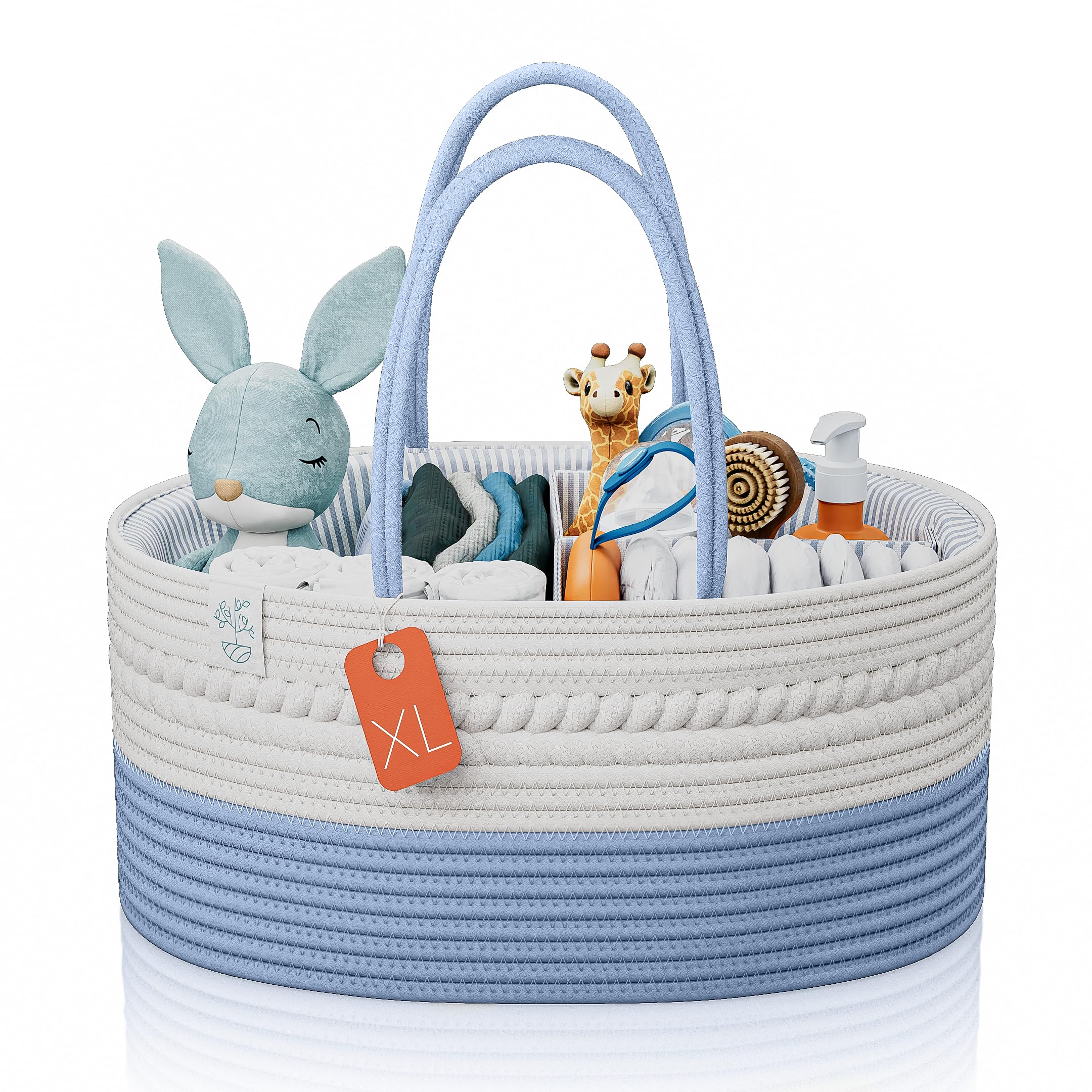 KiddyCare Baby Diaper Caddy Organizer - Portable Woven Storage Basket with Dividers | XL Blue Baby Changing Station Organizer for Nursery, Travel & On-the-Go Diaper Storage | Perfect for Baby Essentials, Toys & Nursery Organization