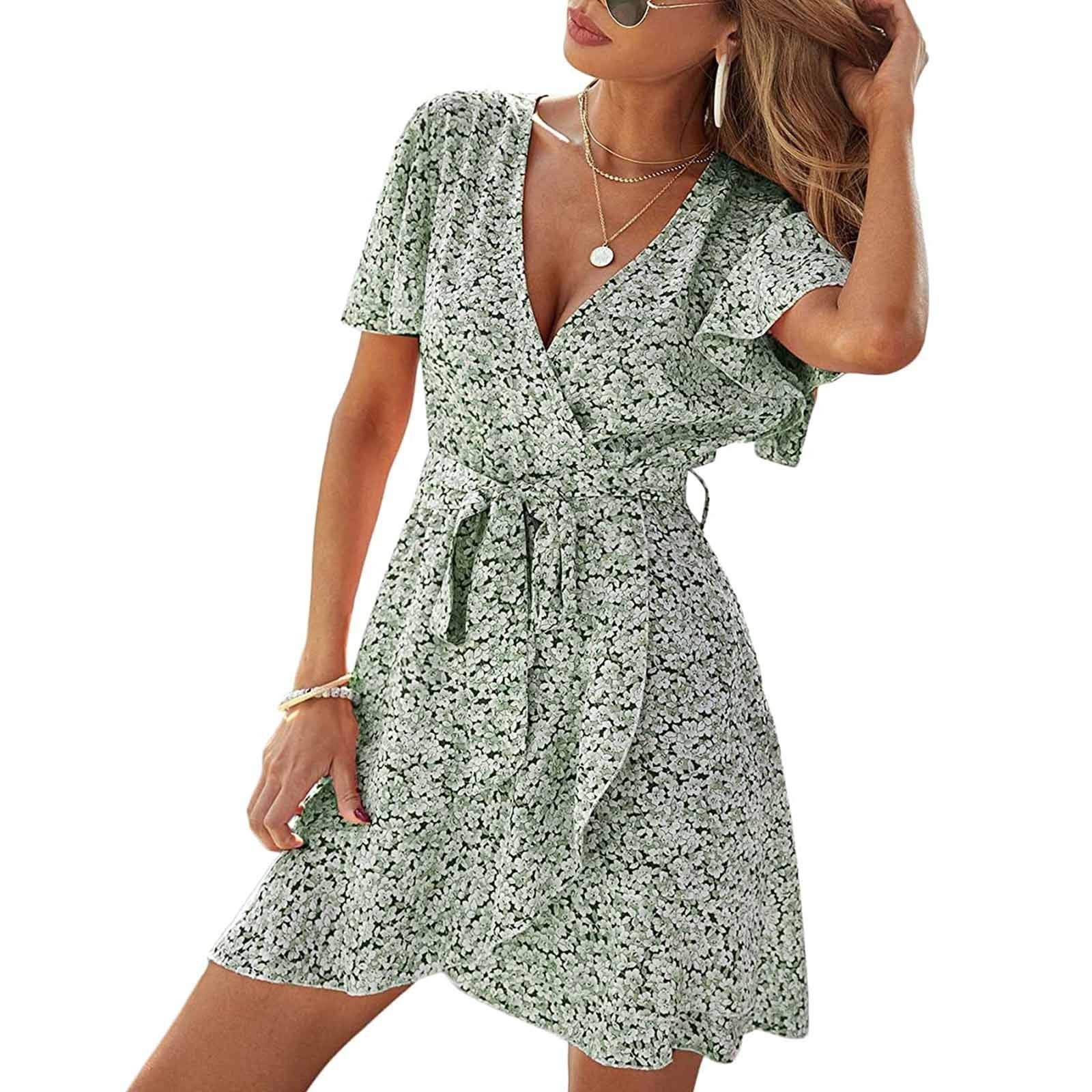 KIOOYI Women's Floral Print Summer Dress - Deep V-Neck, Bell Sleeves, Wrap Tie & Fishtail Hem | Perfect for Beach Vacations, Date Nights & Summer Parties (Green)
