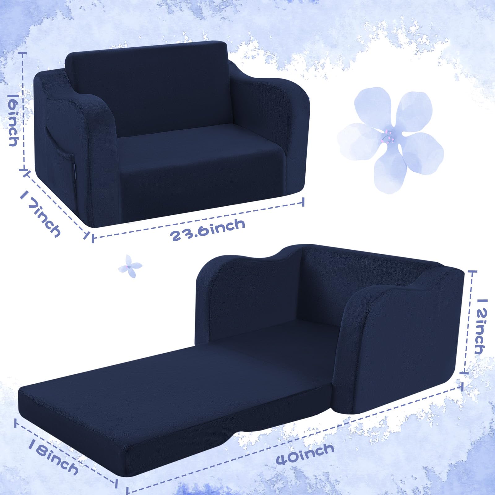MeMoreCool Fold Out Kids Couch - Convertible Toddler Chair to Sofa Bed, Navy Blue Baby Lounge Chair for Boys & Girls Ages 1-4 | Playroom, Nursery & Travel Friendly Comfortable Foldable Furniture