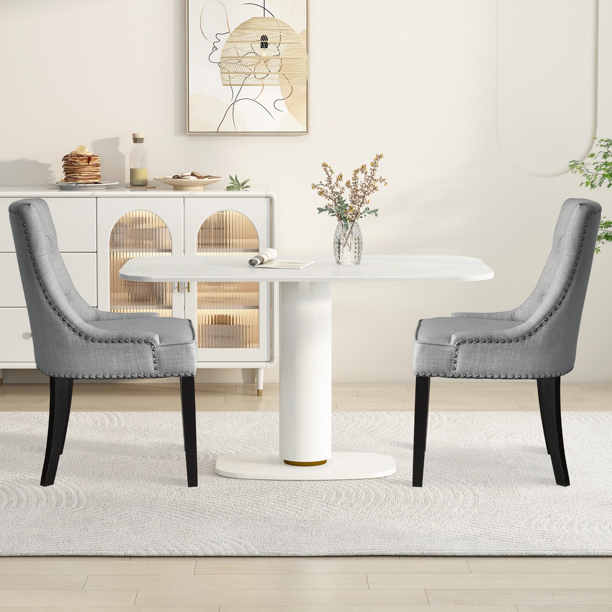 Vanity Art Button Tufted Fabric Upholstered Dining Chairs Set of 2 - Comfortable Padded Armchairs with Solid Wood Legs for Dining Room, Kitchen, Living Room (Gray)