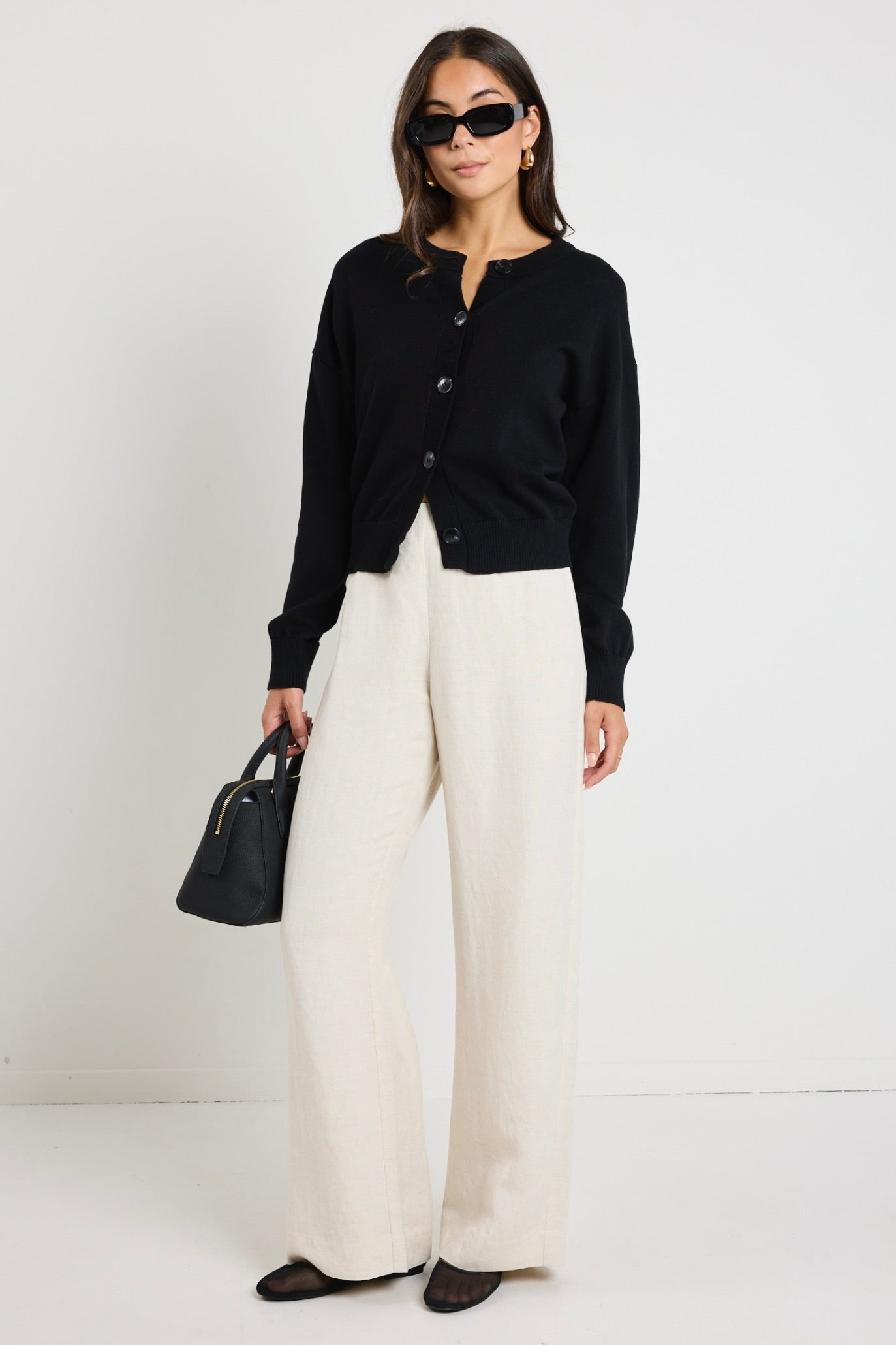 Soft Black Cotton Fine Knit Crew Cardigan for Women - Cozy Fall & Winter Layering Essential