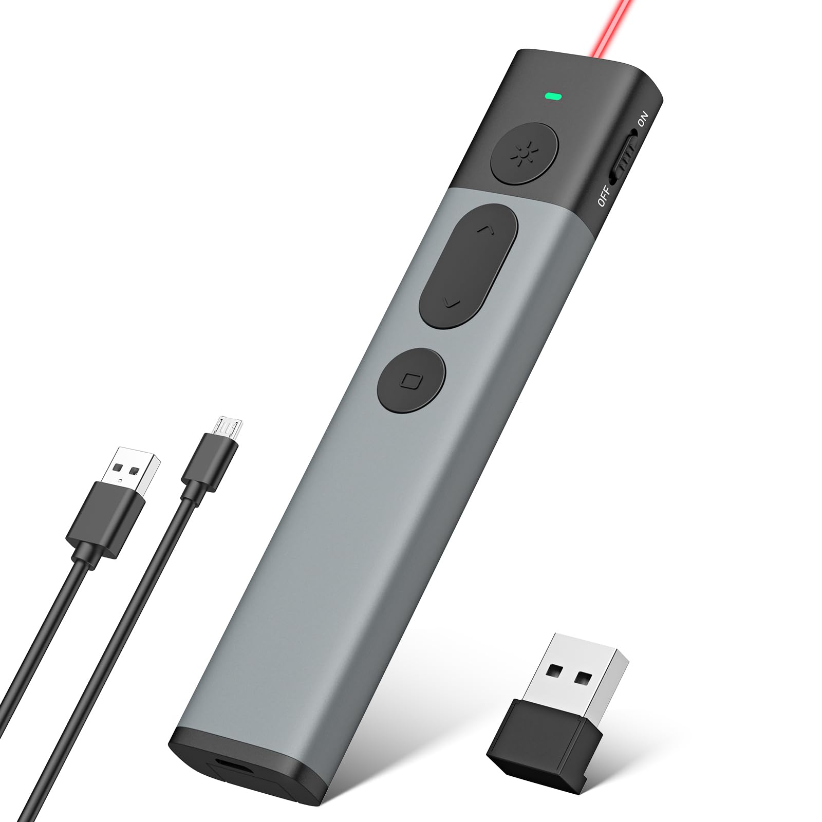 Rioicc Wireless Presentation Clicker with Red Laser - Rechargeable Aluminum PowerPoint Remote for Mac, Windows, Linux | Plug & Play Laser Pointer for Keynote, Prezi, Google Slides | Perfect for Business Meetings, Classroom Teaching & Online Presentations