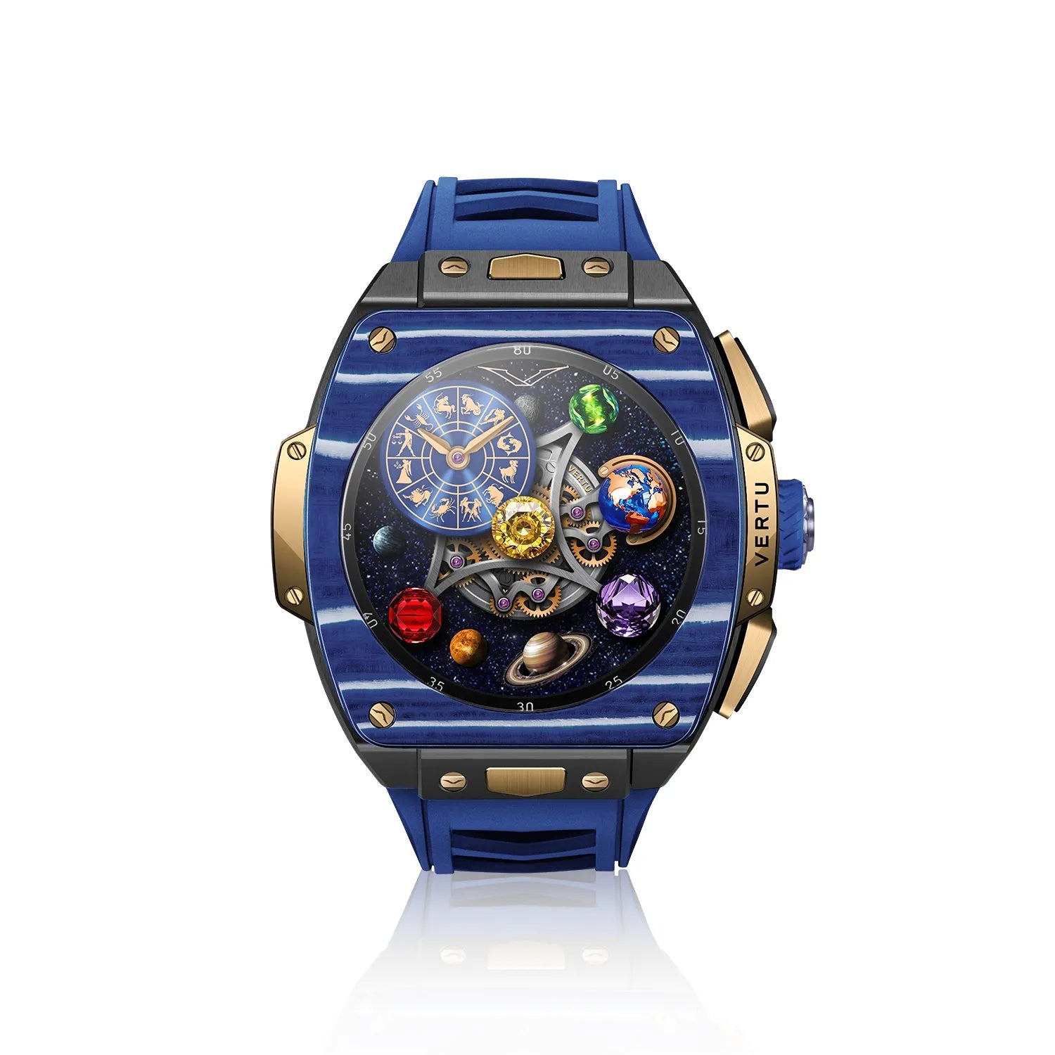 VERTU GRAND Diamonds Smart Watch for Men - Luxury Gold & Blue White Carbon Fiber Design | Fitness Tracking, Notifications, Waterproof | Perfect for Business, Sports & Formal Events