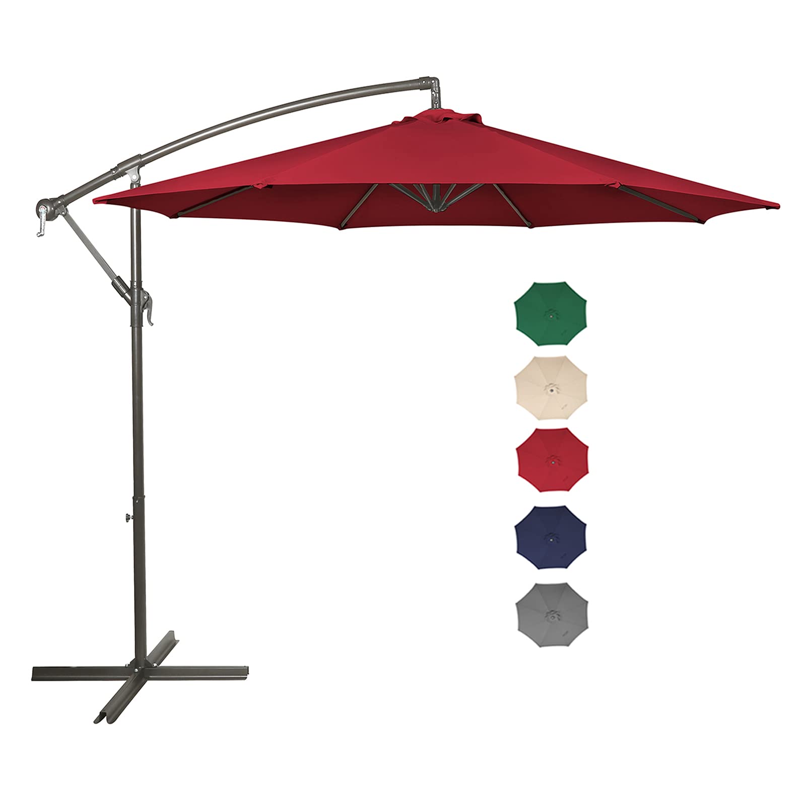 10 Ft Offset Patio Umbrella - Cantilever Outdoor Hanging Umbrella with Crank & Cross Base, 8 Ribs (Red) - Perfect for Poolside, Backyard, Garden, and Commercial Use