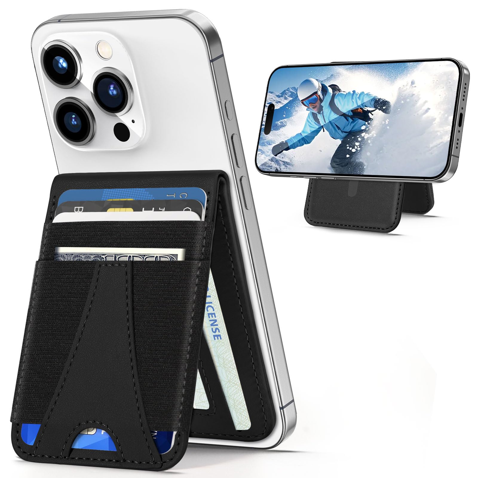 Miroddi Magnetic Phone Wallet Stand for iPhone 16/16 Pro/15/14/13/12 Series - Adjustable Stand with ID Window & RFID Blocking - Holds 10 Cards (Black) - Perfect for Travel, Work & Everyday Use
