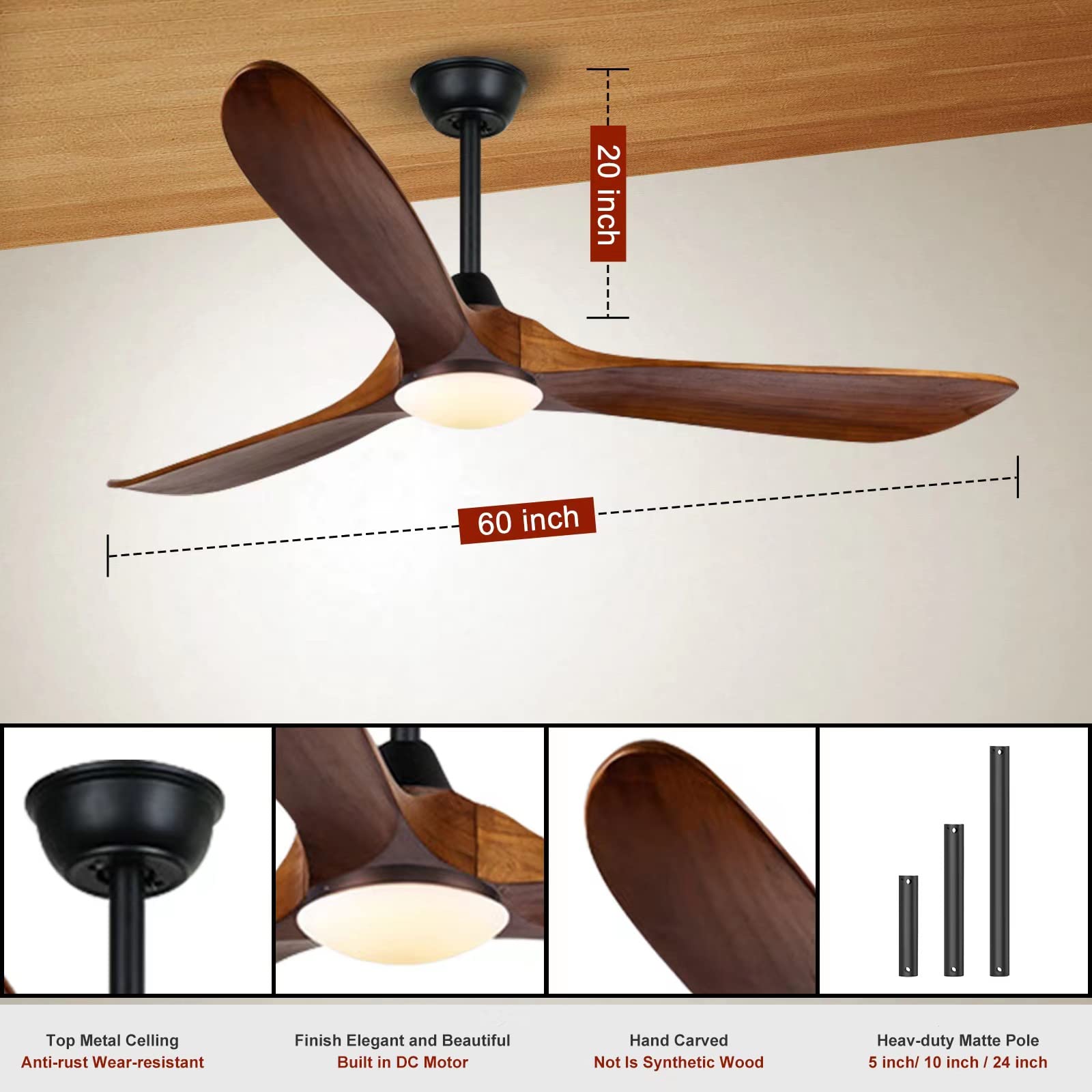 Rustic Farmhouse Ceiling Fan with Lights - 60 Inch Outdoor Ceiling Fan for Patio, Porch & Gazebo - 3 Blade Wood Ceiling Fan, Damp Rated, High Airflow - Perfect for Outdoor Living Spaces, Backyard Relaxation & Commercial Use