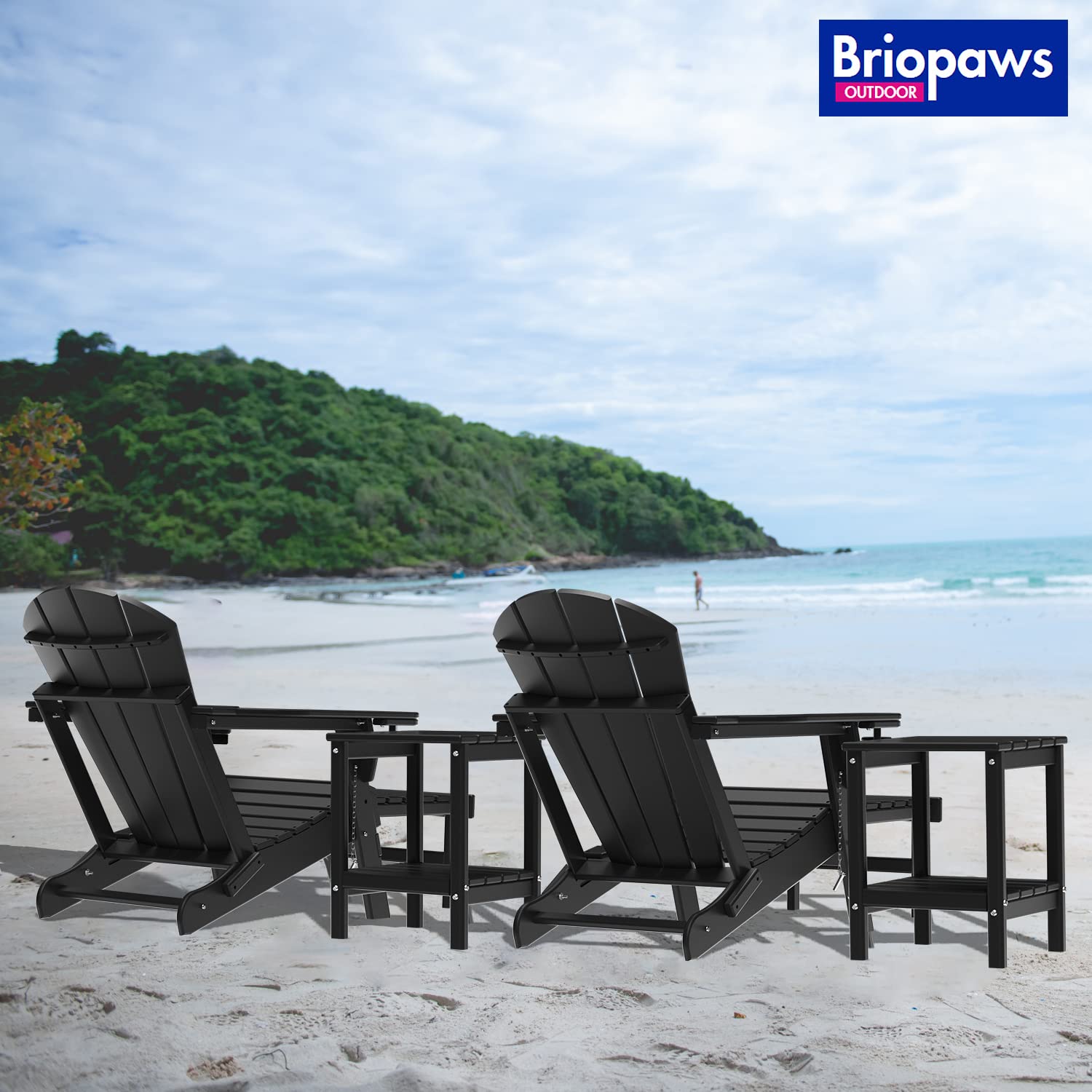 2 Pack Folding Adirondack Chairs with Ottoman Set - Weather Resistant HDPE Outdoor Patio Chairs with Cup Holders & Retractable Footrest - Perfect for Poolside, Lawn, Fire Pit, Deck, Porch, Camping and Backyard Relaxation - Black
