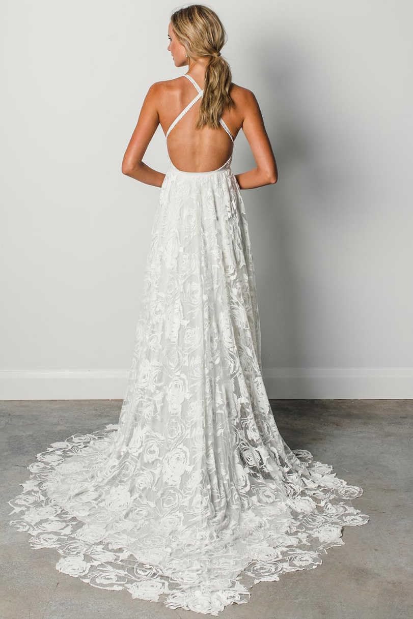Elegant V-Neck Long Beach Wedding Dress with Lace Open Back & High Slit - Perfect for Beach Weddings, Boho Bridal Gowns & Romantic Outdoor Ceremonies