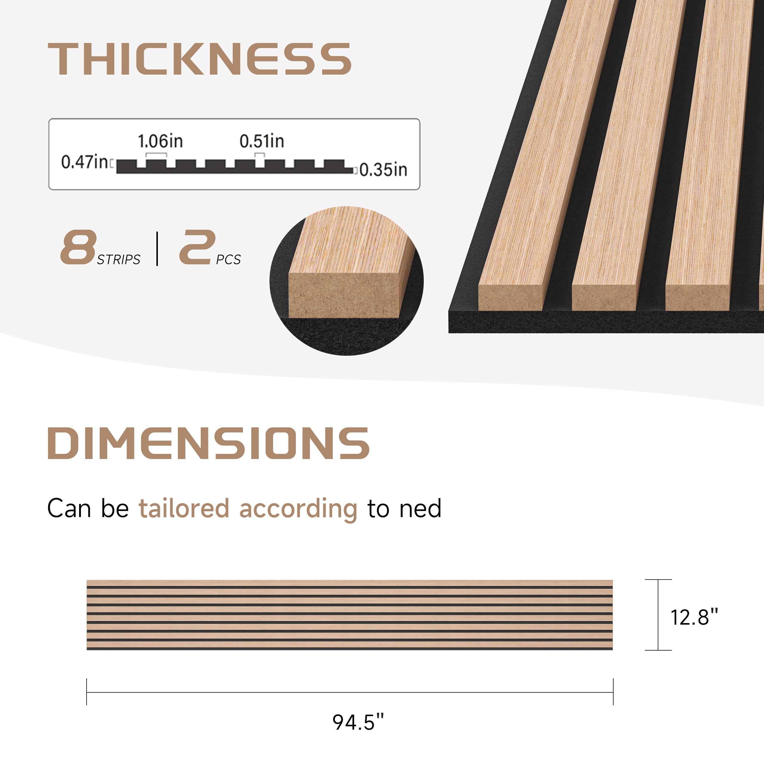 2 Pack Oak Wood Slat Wall Panels - 8x1 ft Decorative Acoustic Wood Panels with Felt Backing for Modern Interior Wall Decor | Bedroom, Living Room, Office & Commercial Space Soundproofing