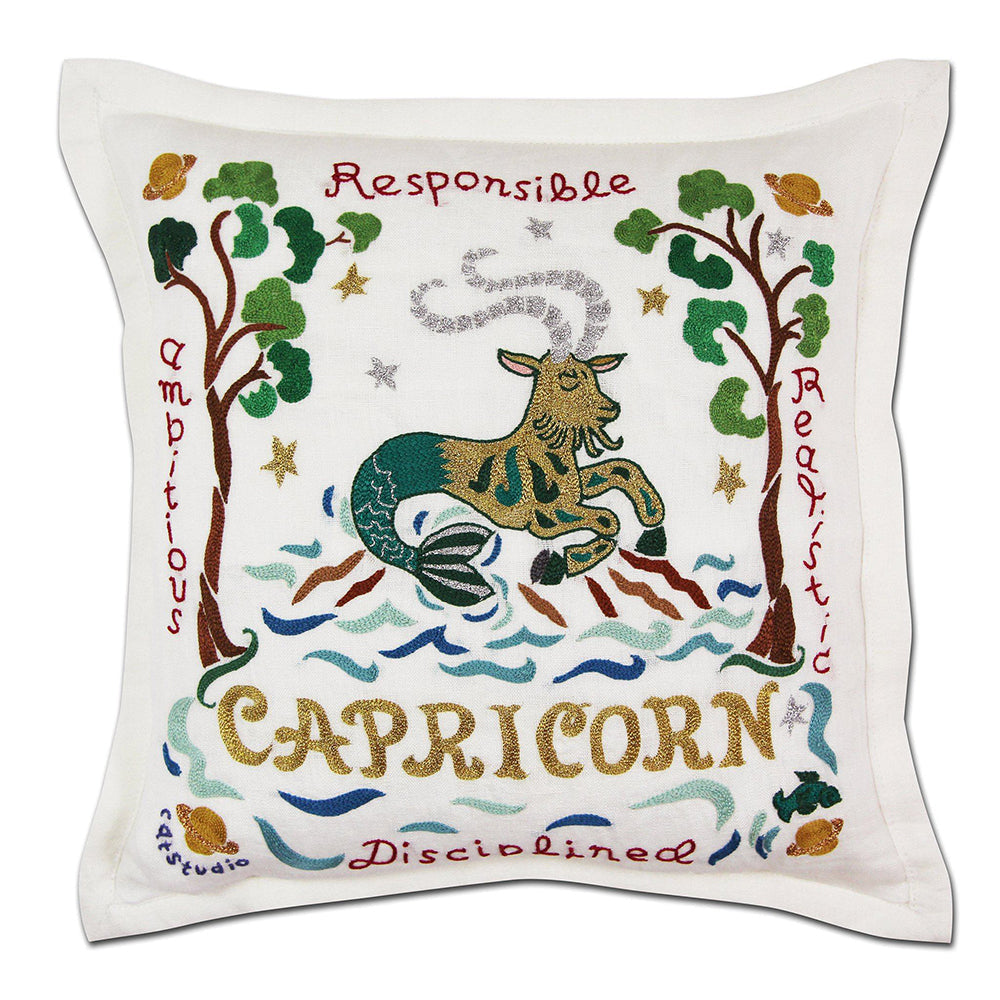 Capricorn Zodiac Sign Hand Embroidered Decorative Pillow | Astrology Home Decor Gift for Capricorns | Perfect for Bedroom, Living Room & Office