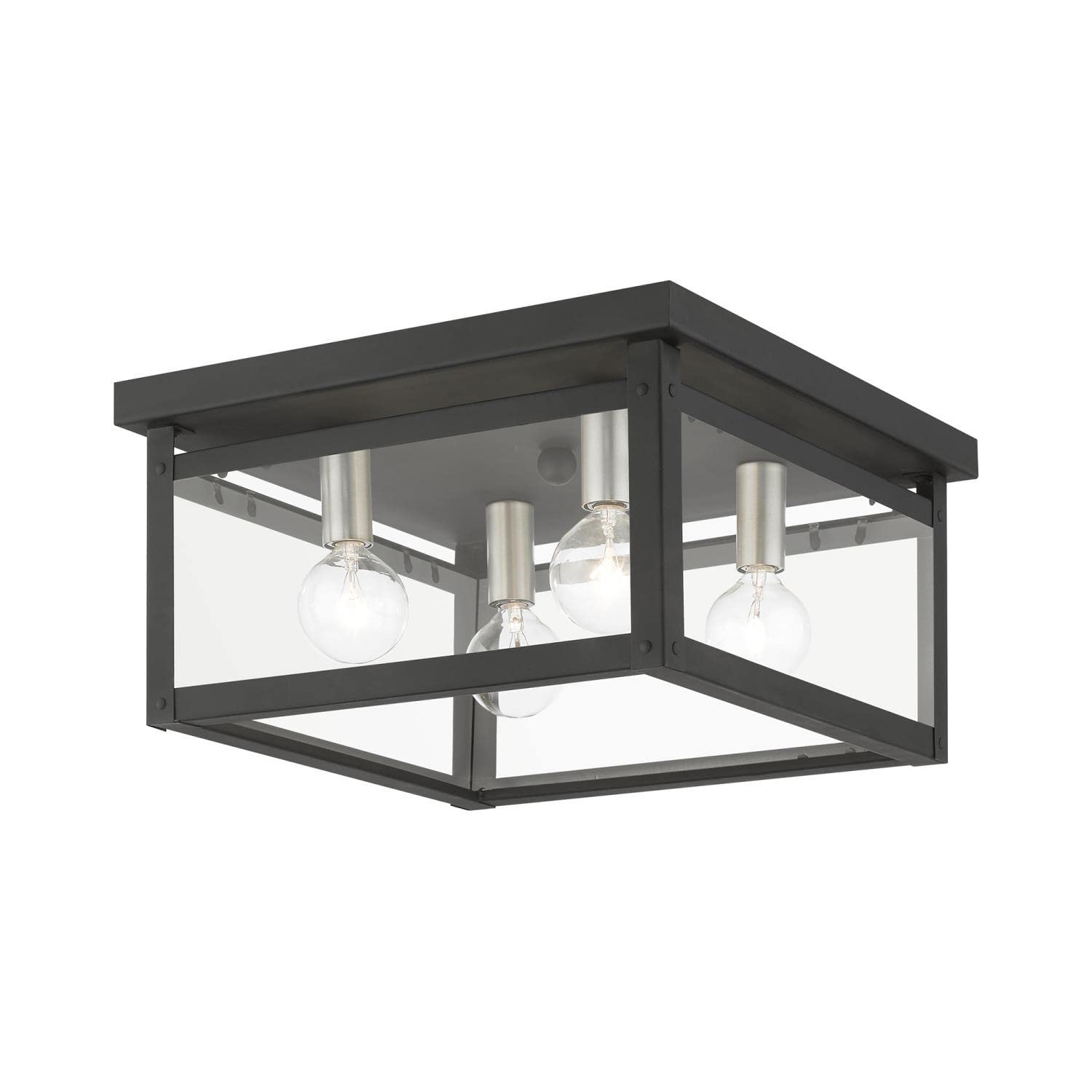 Livex Lighting 4032-04 Milford Square Flush Mount Ceiling Light Fixture - Black with Brushed Nickel Finish Candles - Perfect for Dining Room, Bedroom or Hallway Lighting