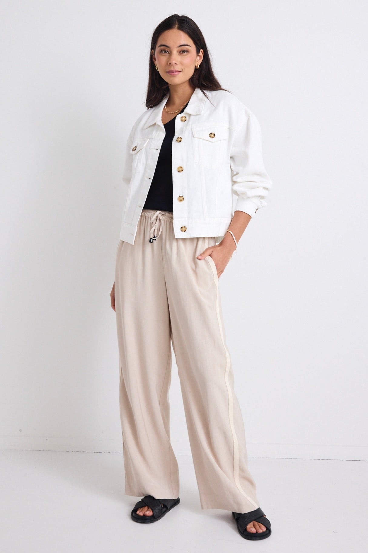 Havana Soft Ivory Drop Shoulder Denim Jacket for Women - Vintage Distressed Denim Coat - Casual Spring Fall Outerwear for Street Style & Date Night