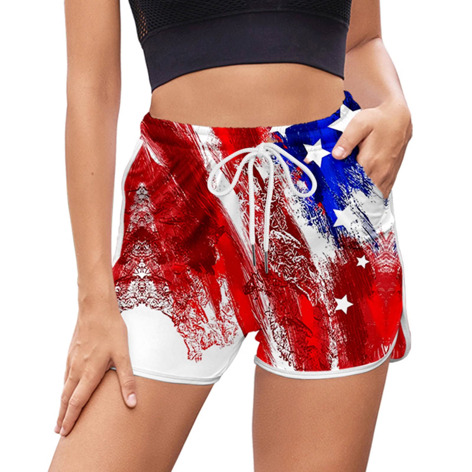 Women's High Waisted Yoga Shorts - Patriotic USA Flag Design for 4th of July, Cross Waist Workout Running Biker Sports Shorts | Perfect for Yoga, Gym, Running & Outdoor Activities