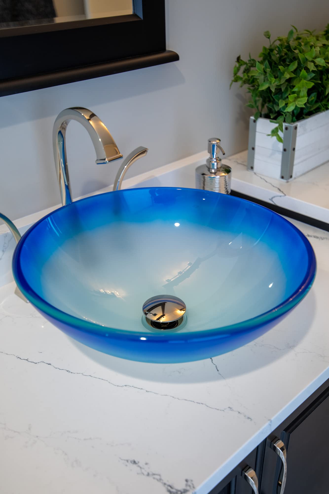 Frosted Blue Round Glass Vessel Bathroom Sink - Modern Above Counter Basin for Vanity, Powder Room, and Luxury Home Decor