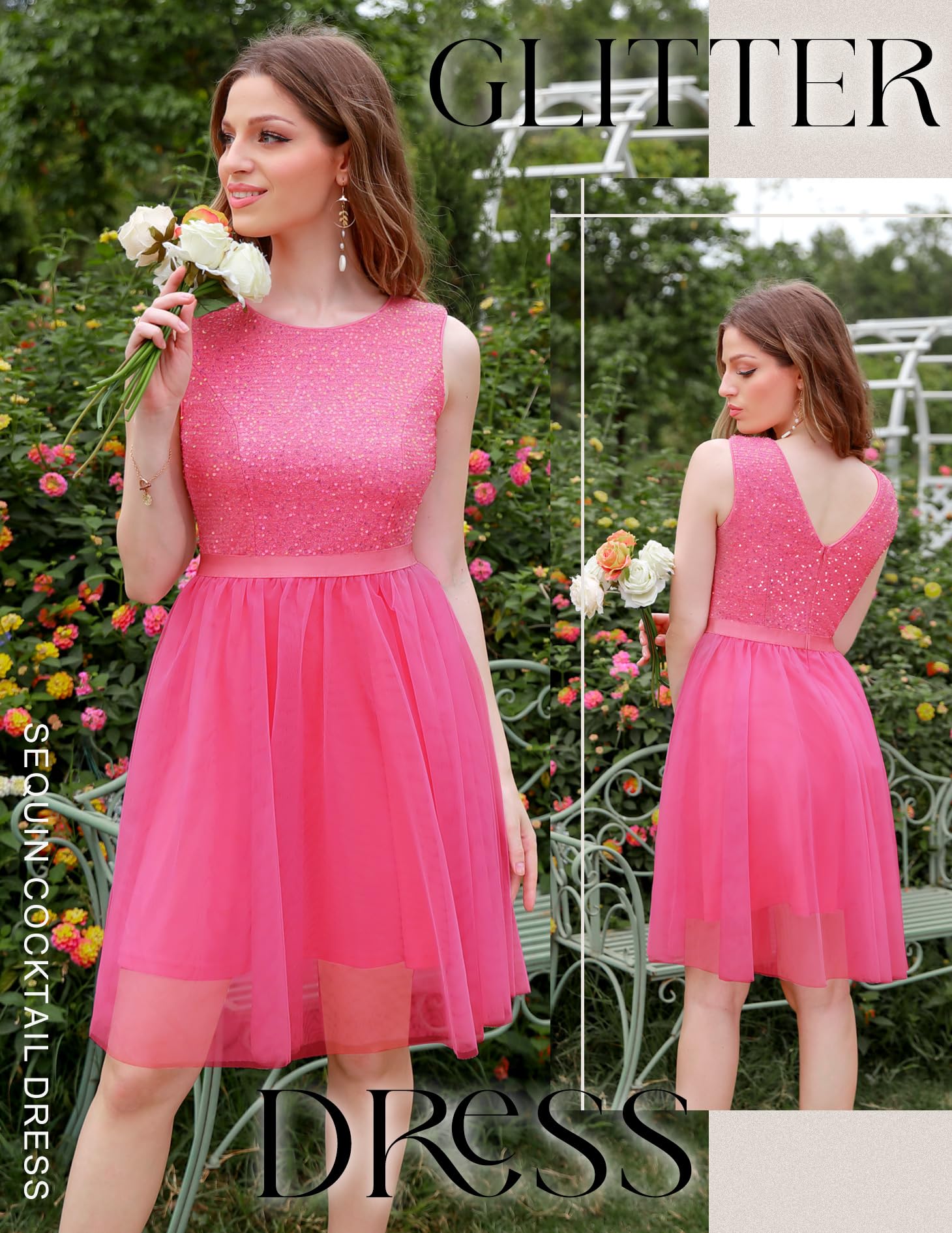 BeryLove Sequin Vintage A-Line Wedding Dress - Elegant Sleeveless Tulle Cocktail Mini Dress for Formal Events, Prom, Party & Special Occasions