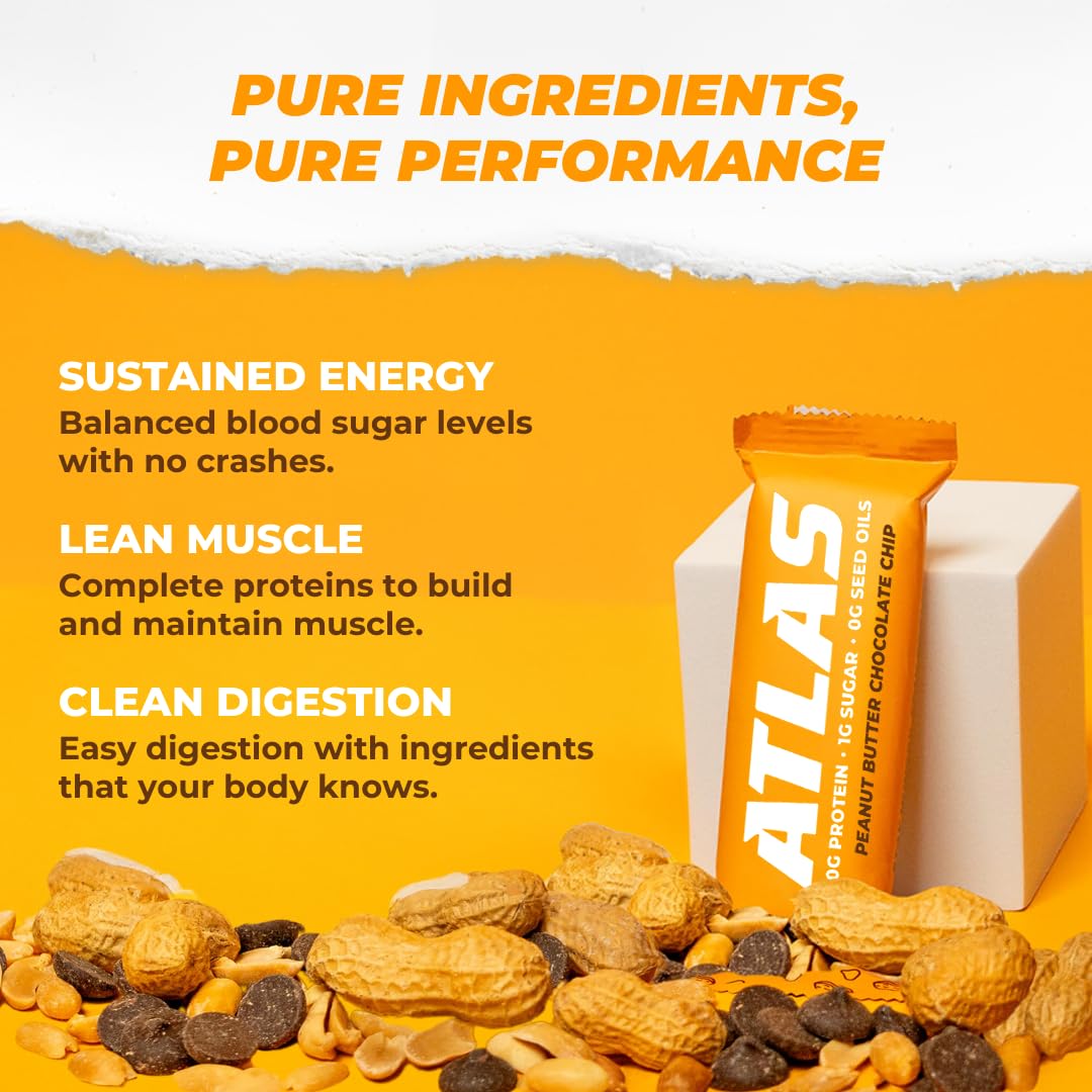 Atlas Protein Bar - High Protein 20g, Low Sugar 1g, Gluten Free, Clean Ingredients - Peanut Butter Chocolate Chip Flavor (Pack of 2, 24 Bars Total) - Perfect for Post-Workout Recovery, Healthy Snacking & On-the-Go Nutrition