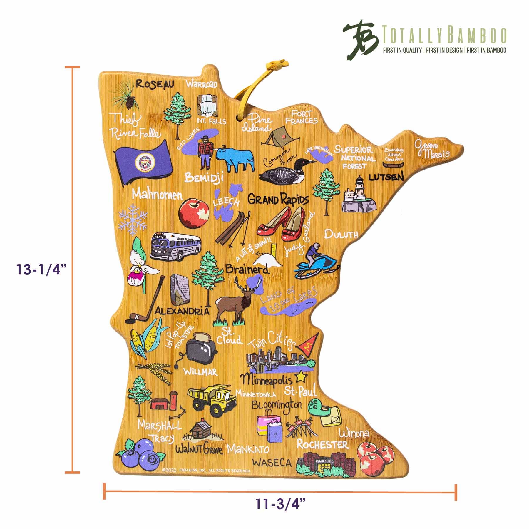 Minnesota Wooden Cutting Board with Fish Kiss™ Artwork - Durable Kitchen Chopping Board for Meat, Vegetables & Fruits - Perfect for Home Cooking & Gift Giving