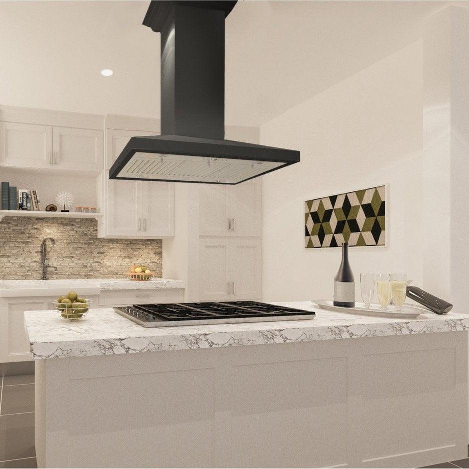 ZLINE Black Wooden Island Mount Range Hood - Modern Kitchen Ventilation for Home Cooking & BBQ | KBiCC Model