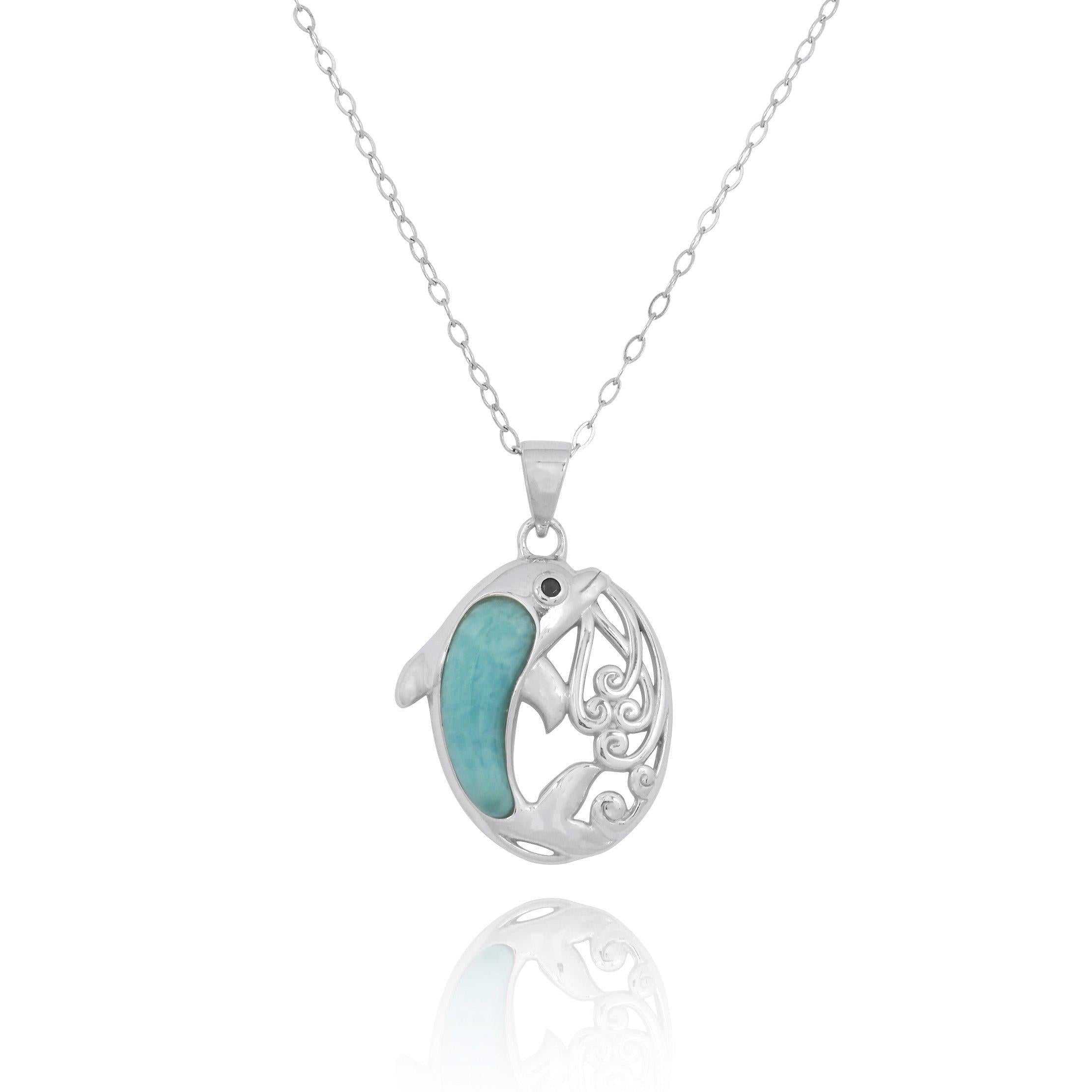 Dolphin Pendant Necklace with Genuine Larimar Stone - Handmade Sterling Silver Jewelry - Perfect for Beach Vacations & Ocean Lovers