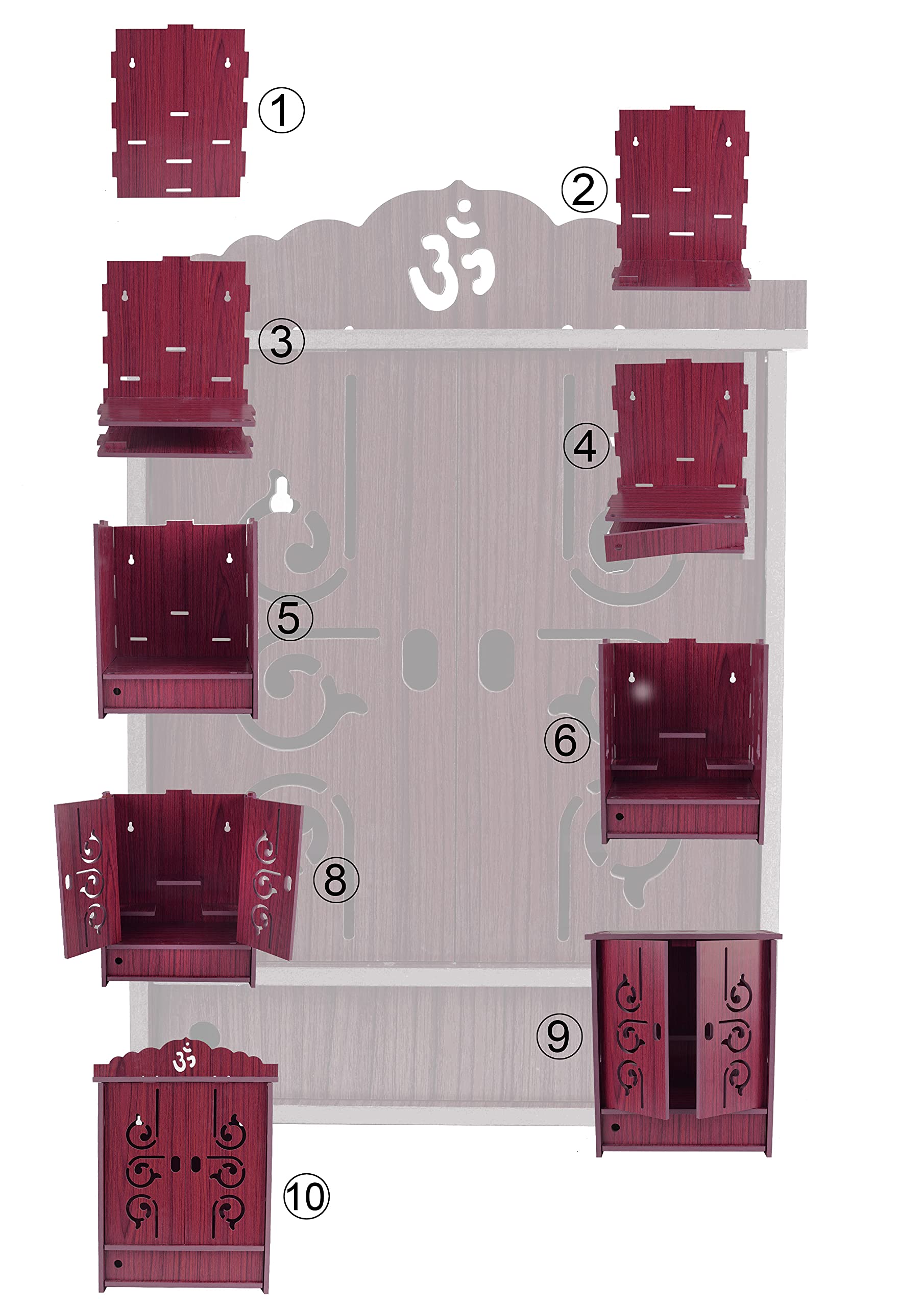 Handmade Wooden Home Temple with Doors & Storage Box - Maroon Religious Altar for Prayer, Meditation & Home Decor