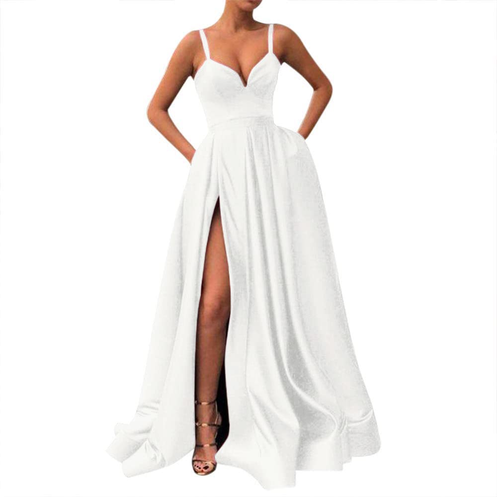 Elegant Women's Spaghetti Strap Slit Satin Prom Evening Dress with Pockets - Perfect for Homecoming, Formal Events & Special Occasions