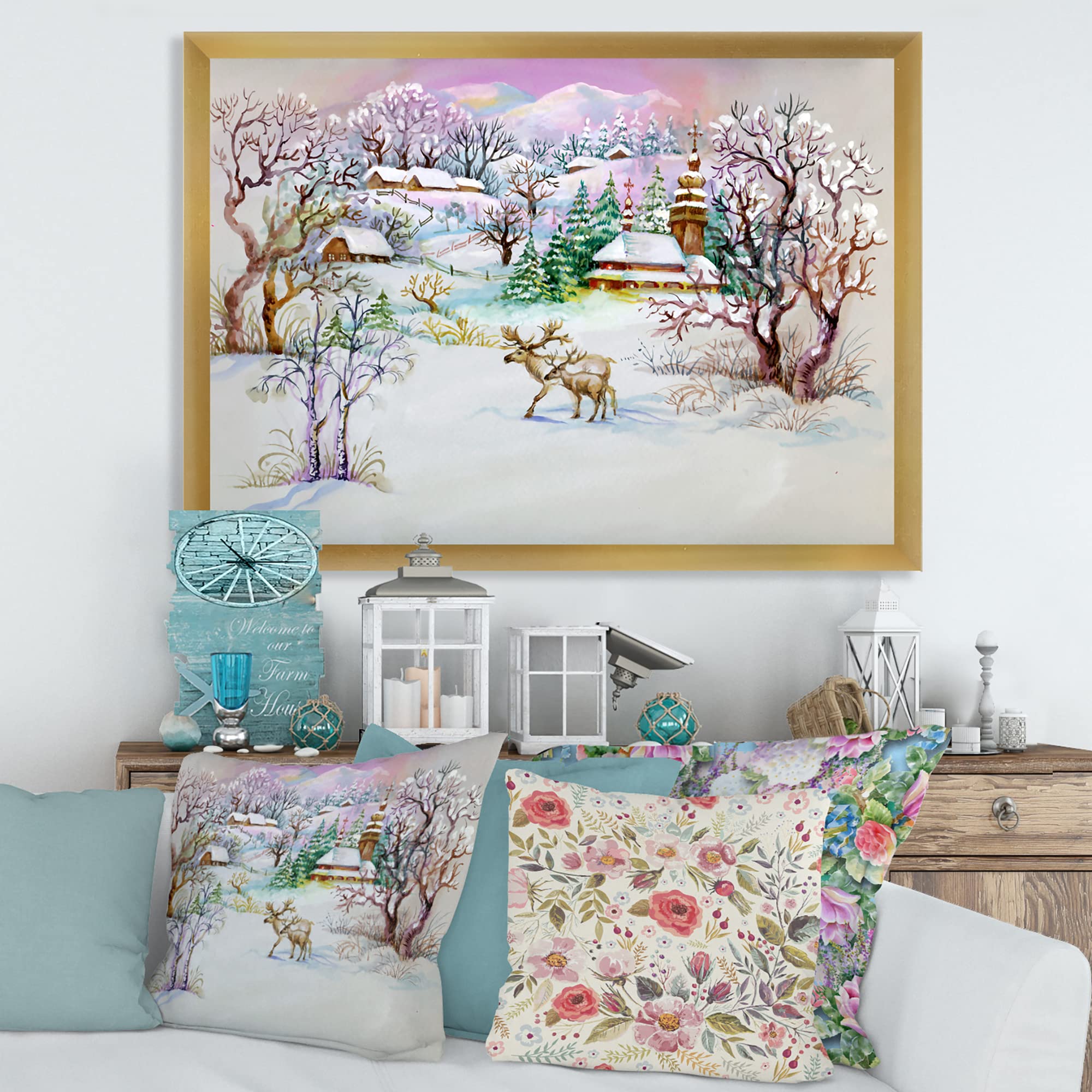 DesignQ Winter Village Life Traditional Framed Wall Art - Rustic Home Decor for Living Room, Bedroom & Office - Perfect Christmas Gift & Seasonal Home Decoration