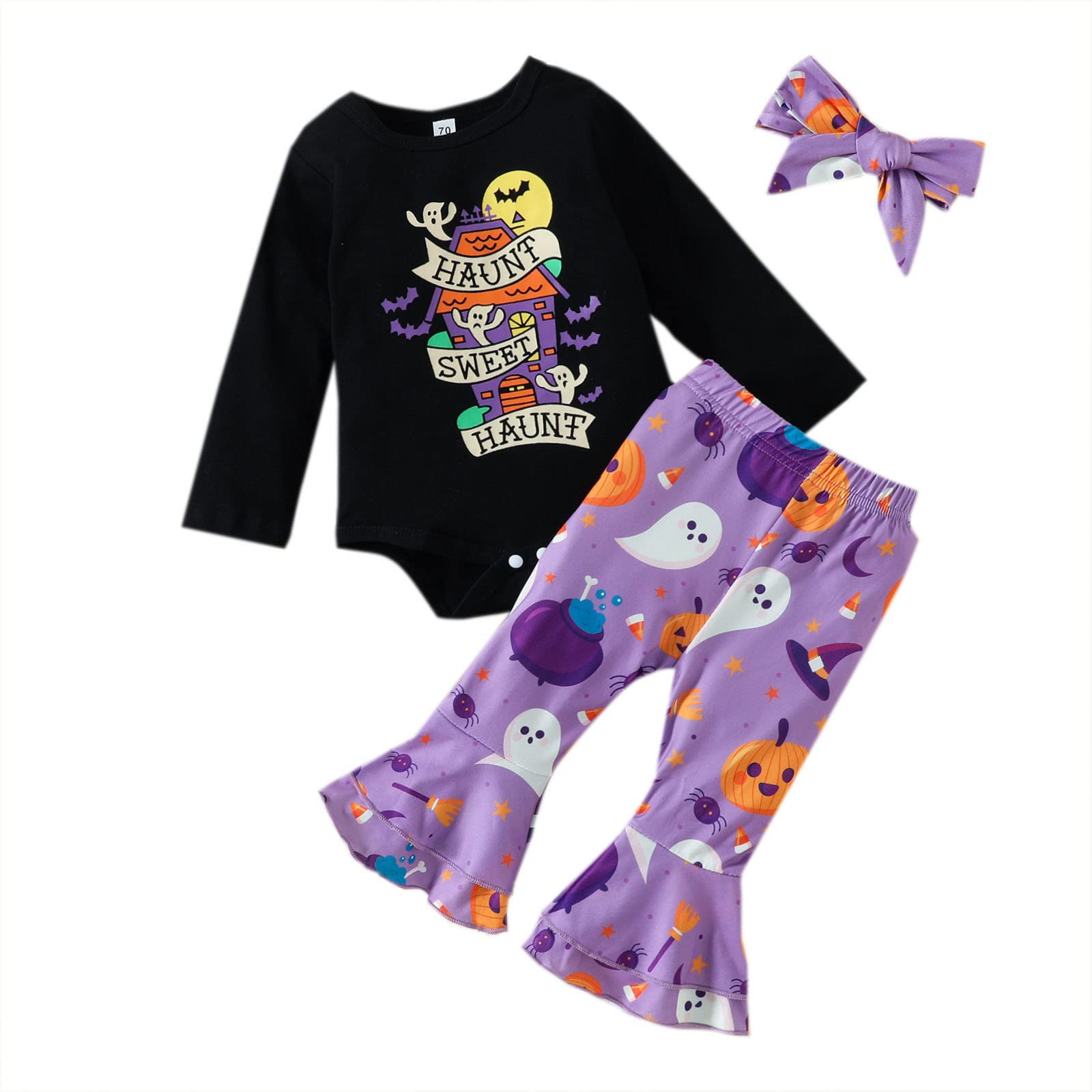 Cartoon Print Kids Halloween Outfit - Long Sleeve Romper Bodysuit & Flare Pants Set with Headband for Infant Girls | Newborn Costume for Halloween Party, Photo Shoot & Dress Up