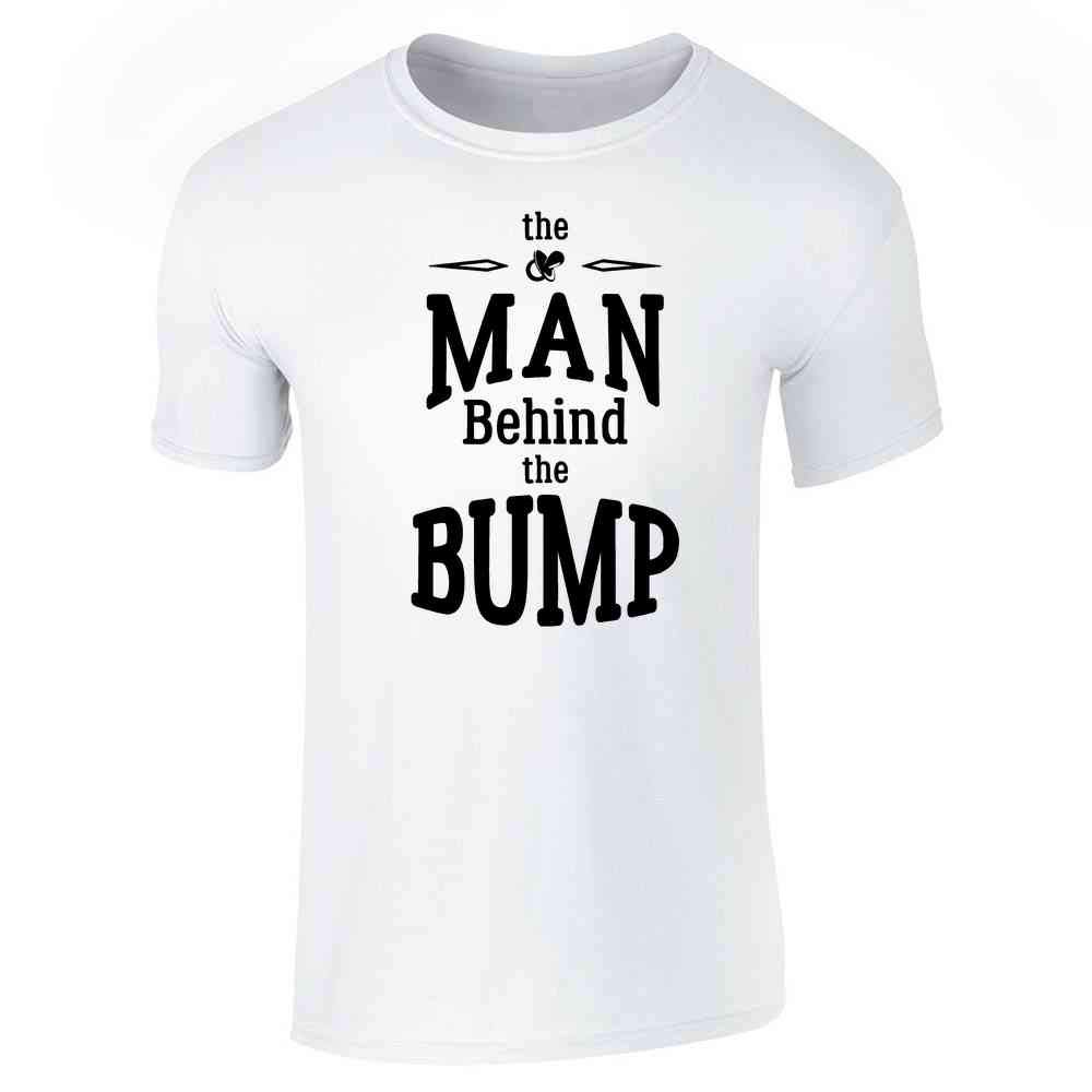 Pop Threads 'The Man Behind The Bump' Funny Father's Day Gift T-Shirt for Dads - Comfortable Cotton Graphic Tee for Expecting Fathers, Pregnancy Announcement & Gender Reveal Parties