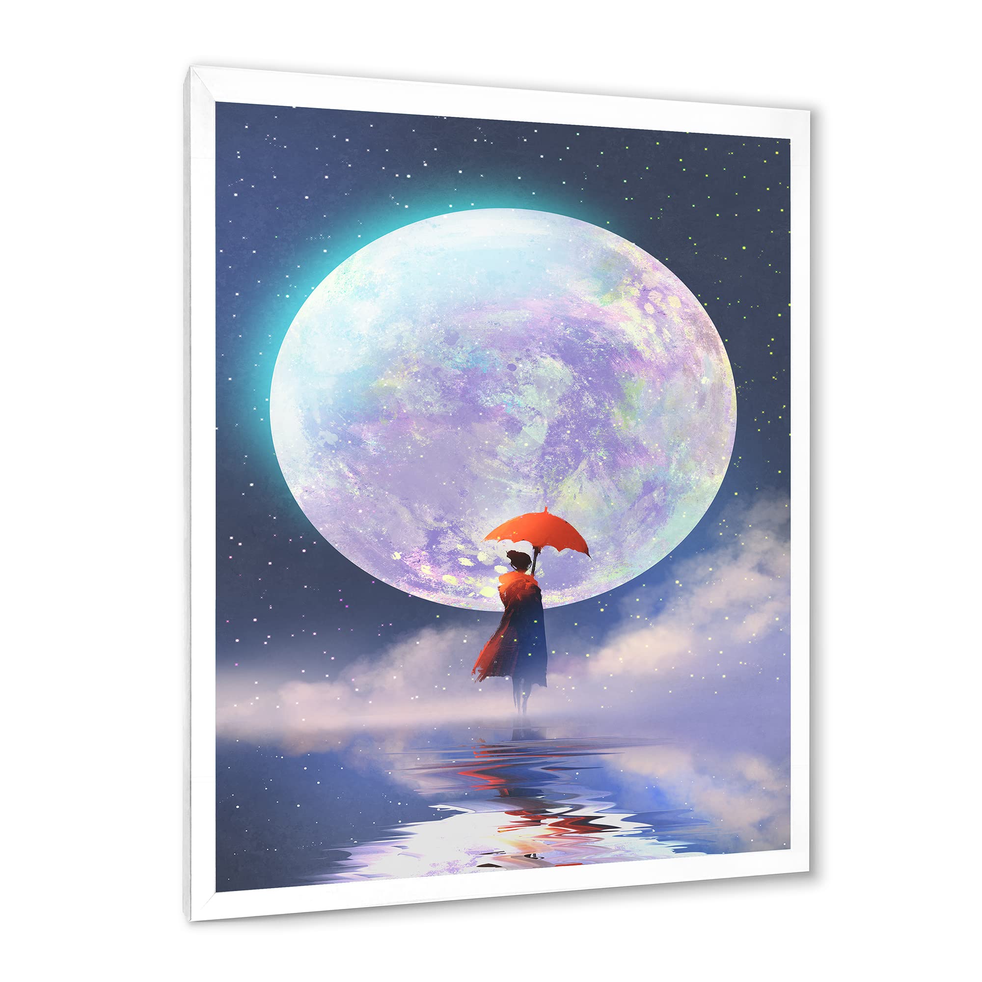 DesignQ Traditional Framed Wall Art - Woman with Umbrella Standing on Water Against Moon - Elegant Home Decor for Living Room, Bedroom & Office