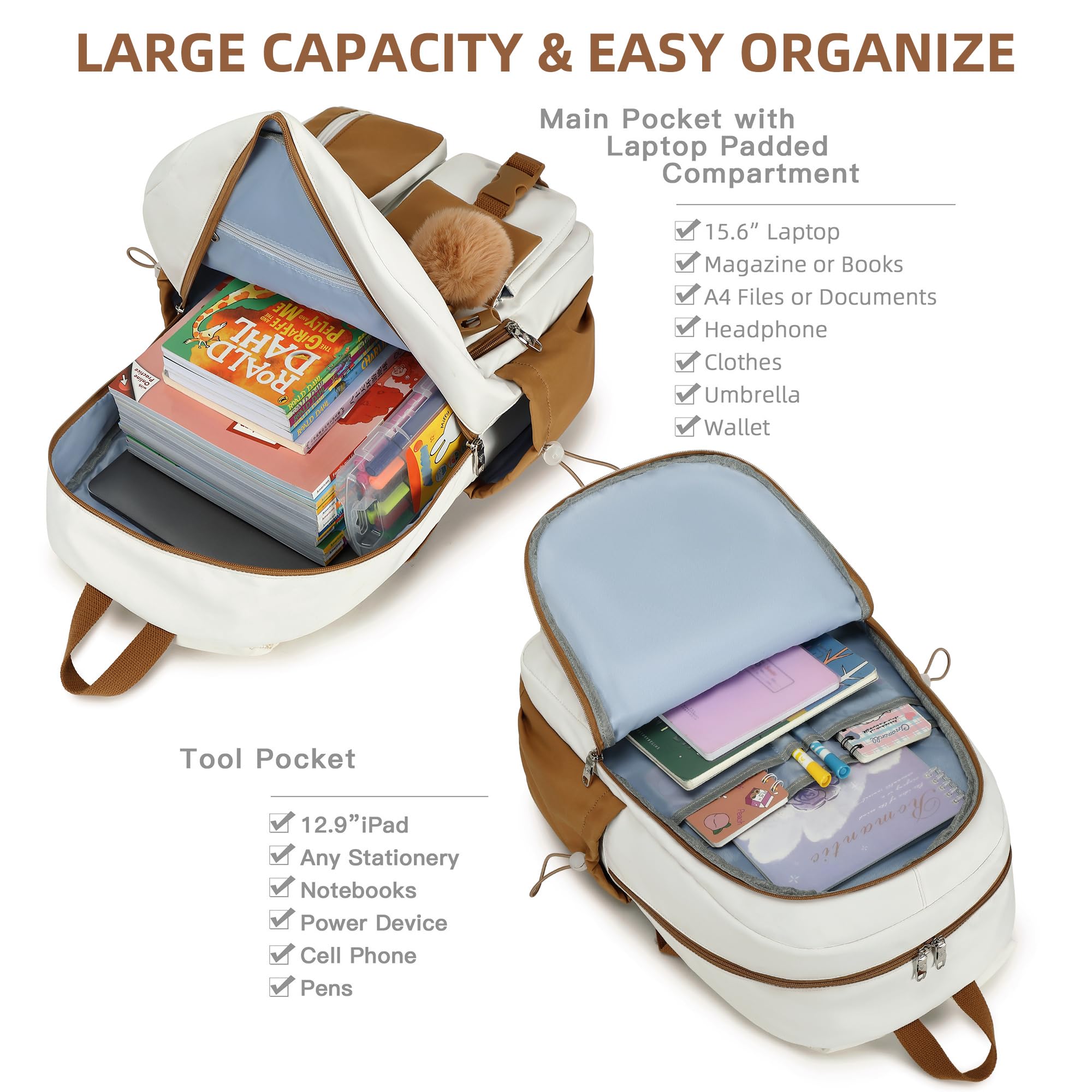 15.6 Inch Anti-Theft Laptop Backpack for Women & Teens - Lightweight School Backpack for College, High School, Middle School - Large Travel Book Bag with USB Charging Port - Perfect for Commuting, Study, Work & Daily Use (Beige Khaki)
