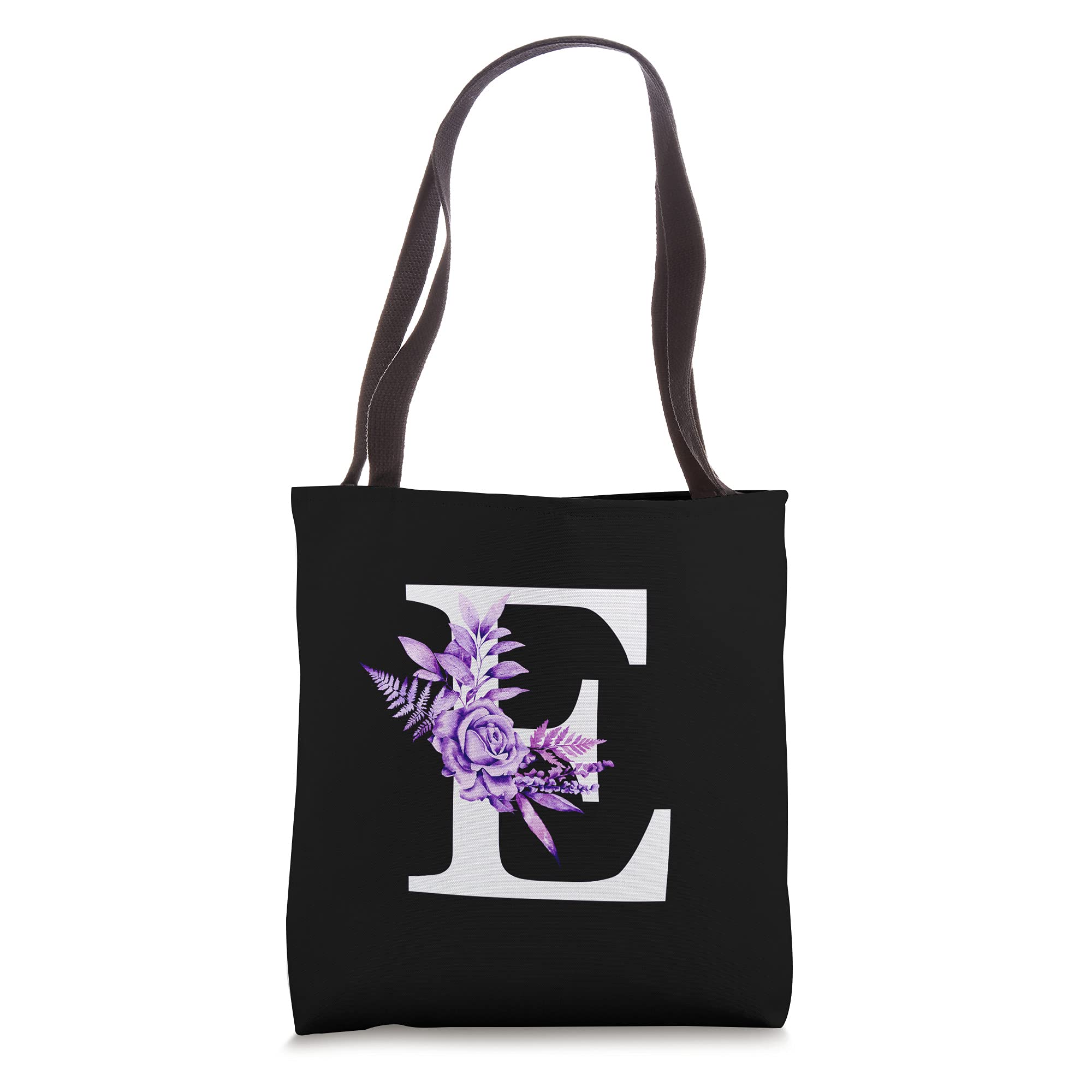 Floral Rose Monogram Letter E Tote Bag - Purple & Black Crossbody Purse for Women, Perfect for Work, Travel & Shopping