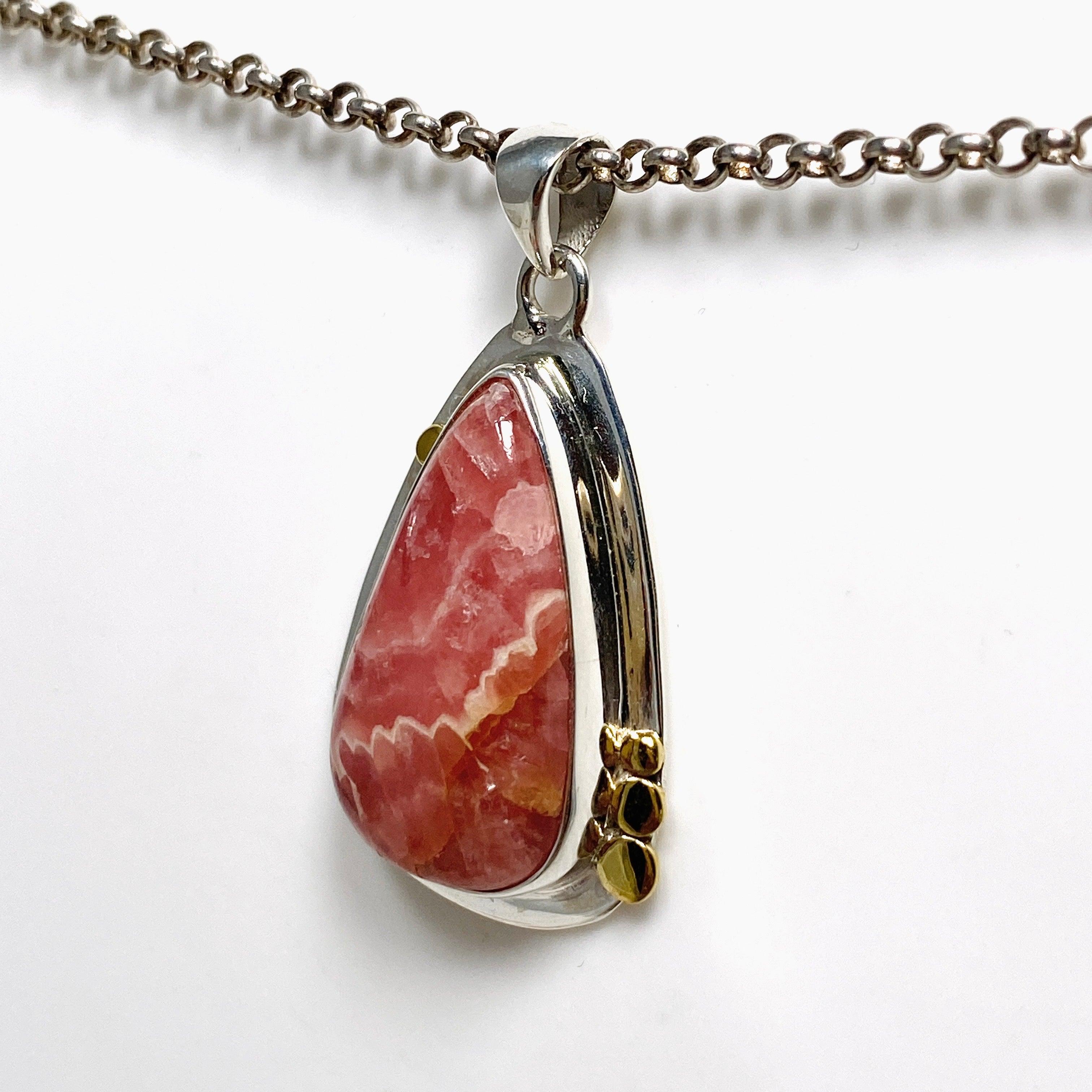 Rhodochrosite Teardrop Pendant Necklace with Brass Accents - KPGJ4325 | Elegant Jewelry for Women, Perfect Gift for Birthday, Anniversary & Special Occasions