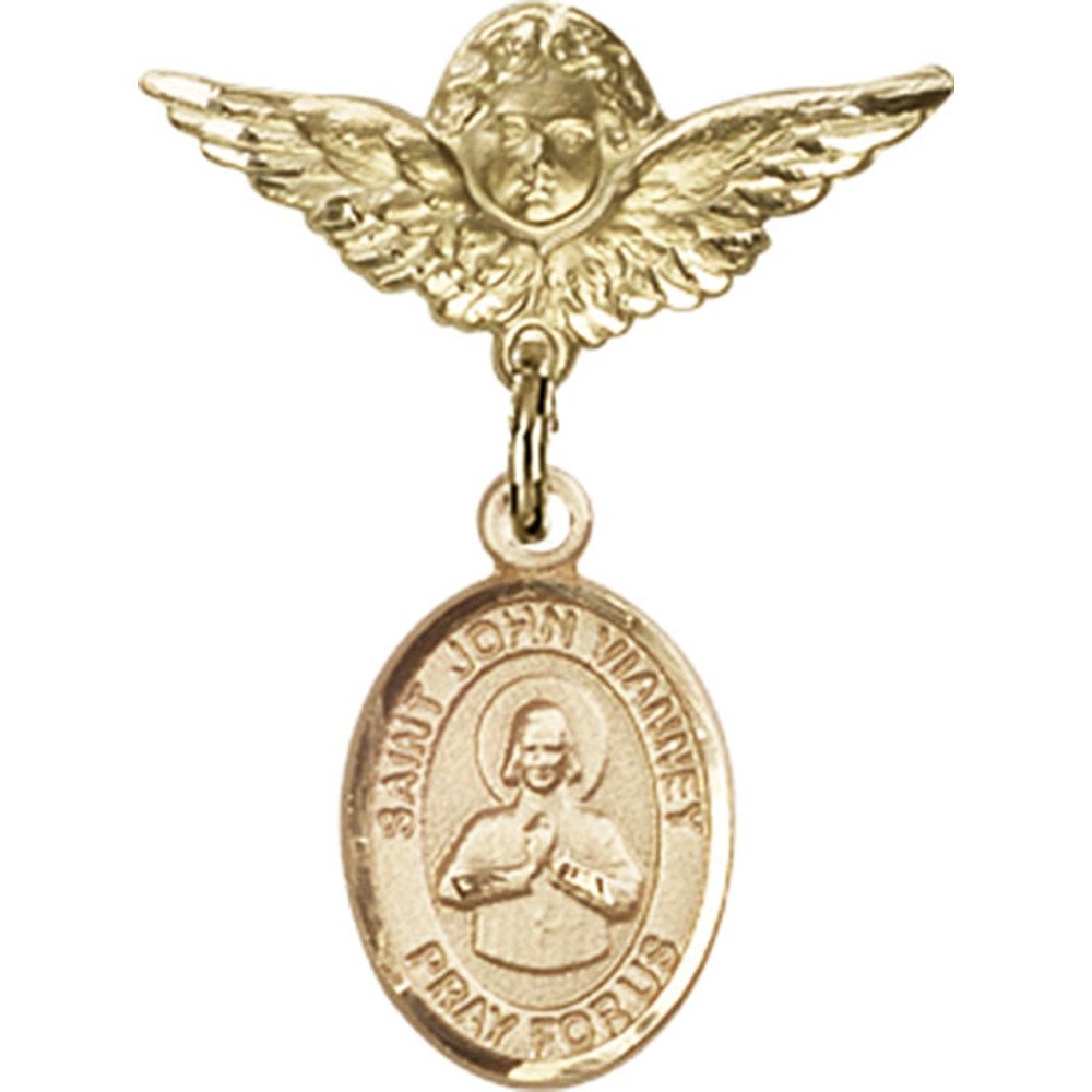 St. John Vianney Gold Filled Baby Badge Pin with Angel Wing Charm - 1 x 3/4 Inch Religious Jewelry for Baptism, First Communion & Christening Gifts