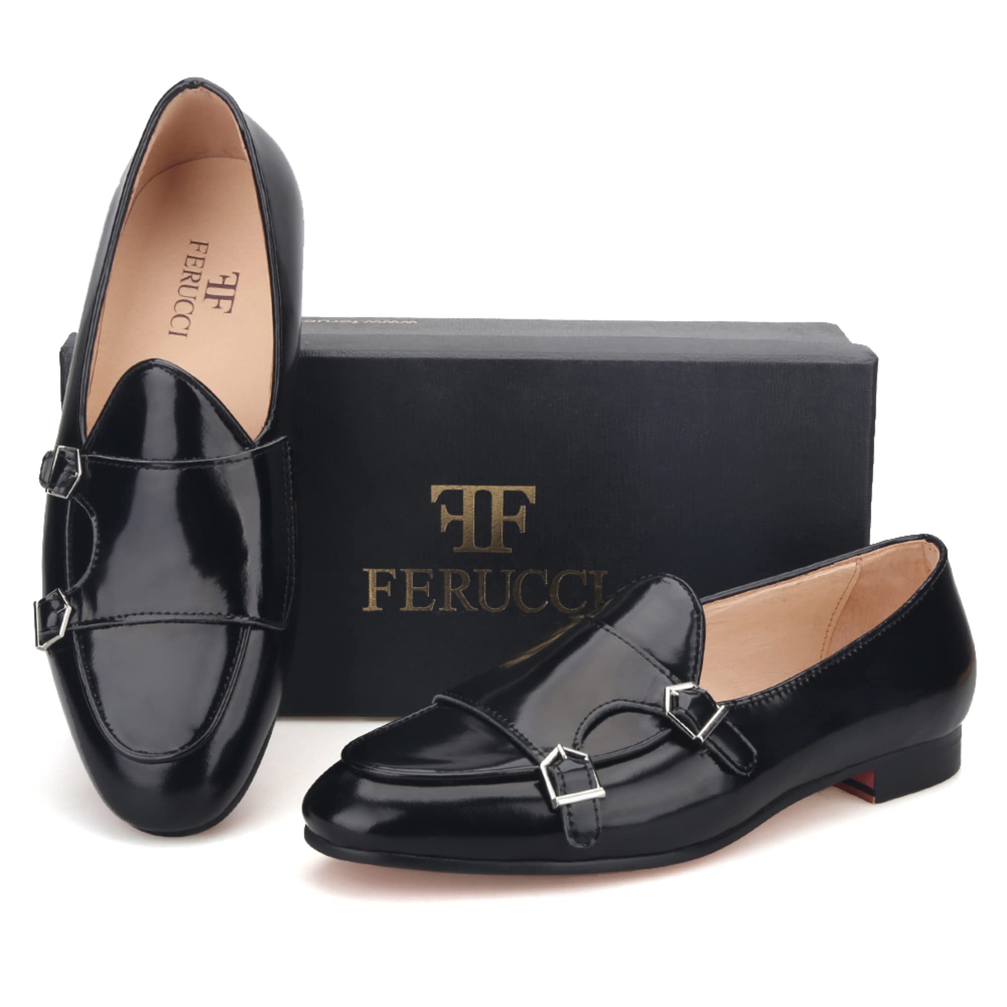 FERUCCI Men's Black Leather Double Monk Strap Loafers - Comfortable Dress Shoes for Wedding, Prom, Business & Formal Occasions
